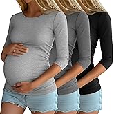 Riyiper 3 Pack Women's Maternity Shirts, 3/4 Sleeve Crew Neck Pregnancy Tee Tops Side Ruched Casual Tunic Pregnant T Shirts