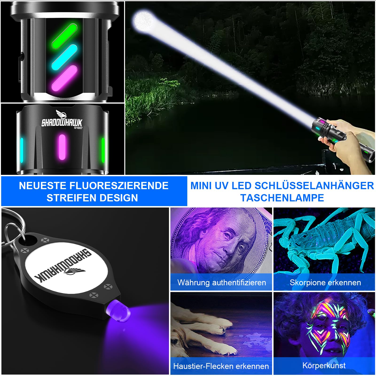 Shadowhawk Taschenlampe LED Aufladbar 500000 Lumen - 30W Extrem Hell Taktische Taschenlampen mit Nachtleuchtstreifen, 1000m Reichweite & 12h Laufzeit, Wasserdicht Handlampe für Camping/Outdoor/Notfäll 6