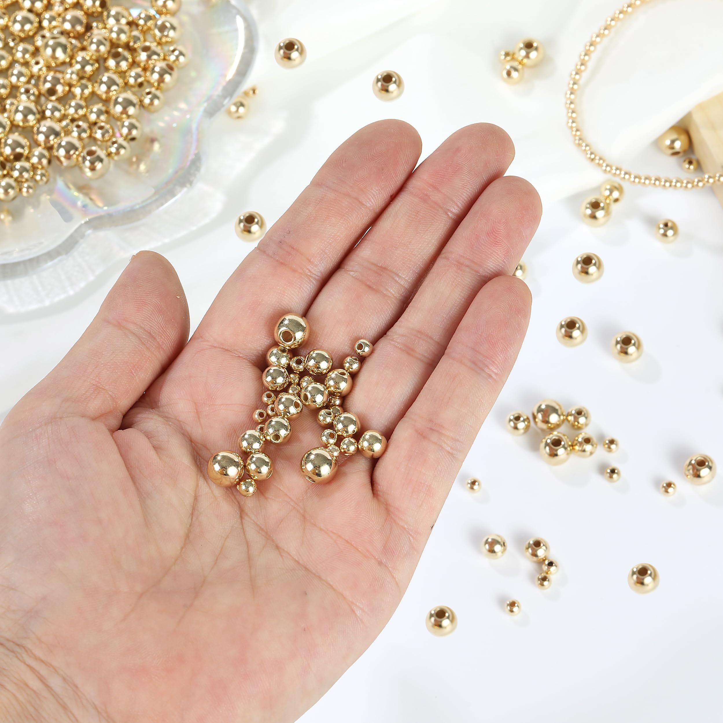 1100 Pcs Gold Beads Smooth Round Beads 3/4/6/8mm Gold Spacer Loose Ball Bead Kits Gold Filled Beads for Bracelet Jewelry Making