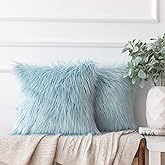 Ashler Decorative Throw Pillow Covers, Luxury Fluffy Faux Fur Pillowcases Soft Cushion Covers, Pack of 2 for Sofa Bedroom and car, 18 x 18 inches, Light Blue