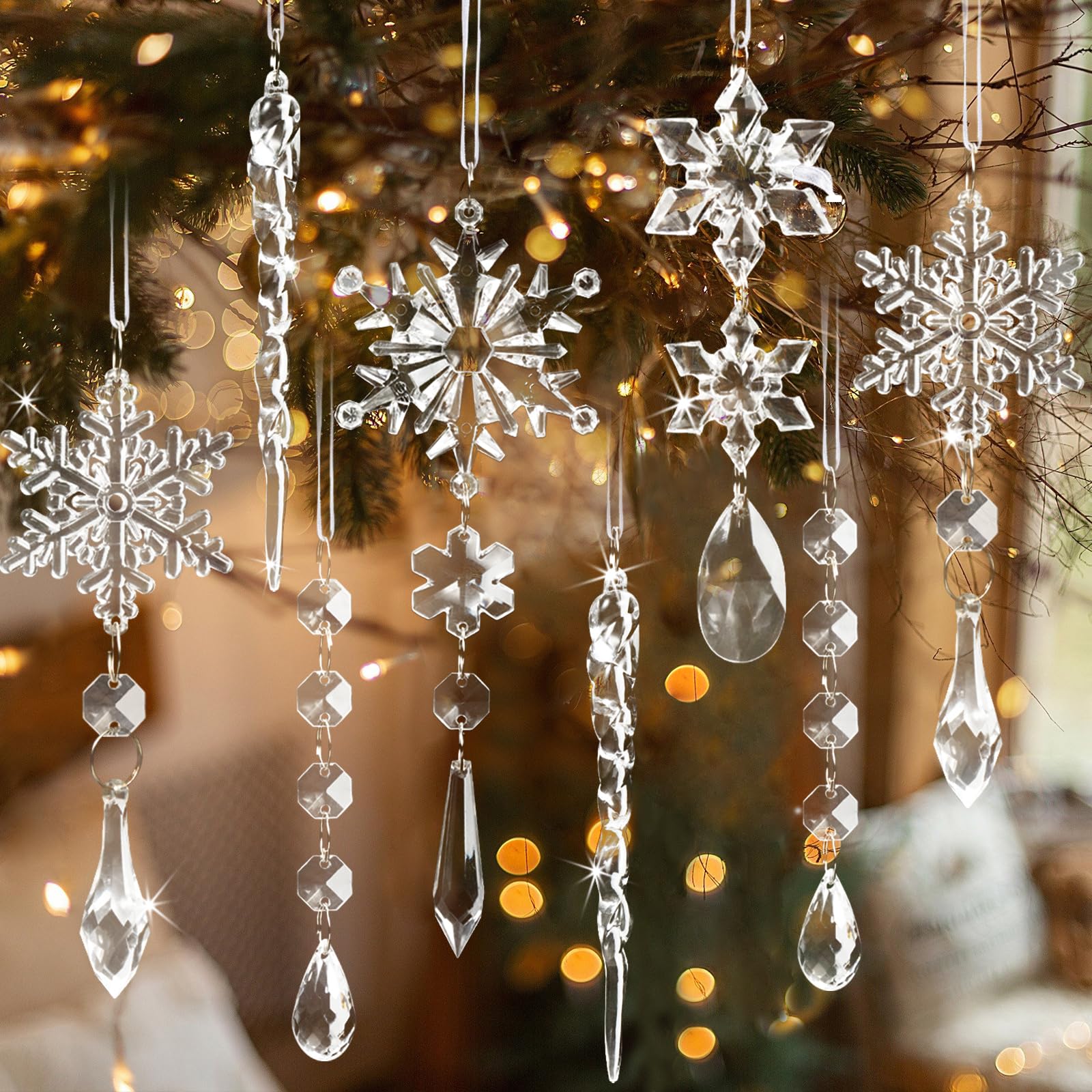 Photo 1 of 18pcs Crystal Christmas Ornaments for Tree Decorations-Hanging Acrylic Snowflake Icicle Ornaments with Drop Pendants for Winter Wonderland Chandelier Crystals Decorations Supplies