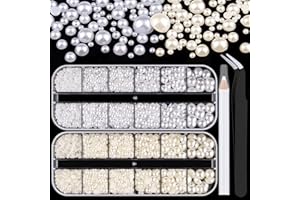 BELLEBOOST 2700 Pcs Flat Back Pearls Kits, 1 Box of Flatback White+1 Box of Beige Small Half Round Pearls with Pickup Pencil and Tweezer for Nail Art Face Makeup Graduation Cap Decorations DIY and Craft