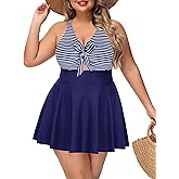 NIeyook Swimsuit for Women 2024 Plus Size Swimsuits One Piece Cutout Bathing Suit with Skirt Flowy Swim Dress, Navy Blue Stripes