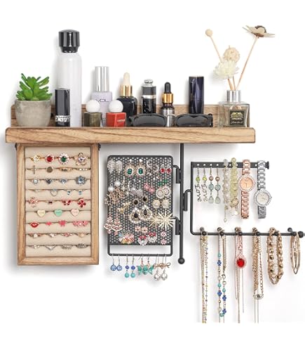 FigureGrain Wall Mounted Jewelry Organizer - Acacia Wood Triangle Display Shelf For Necklaces & Rings - View #10