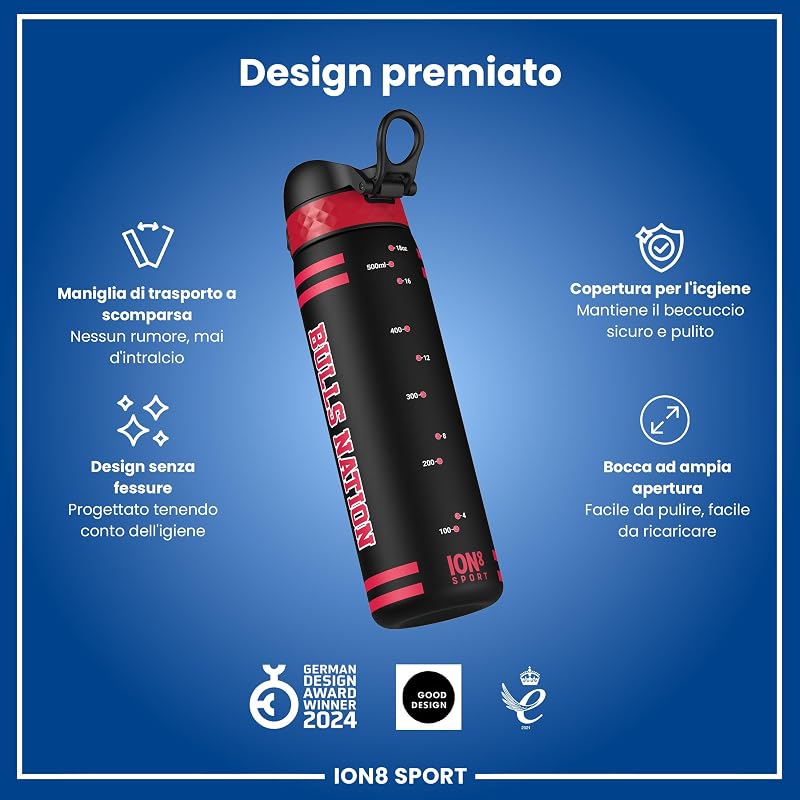 NBA Chicago Bulls Borraccia a Prova di Perdite, 500ml, Facile da Aprire, Serratura Sicura, Lavabile in Lavastoviglie, Senza BPA, Maniglia per il Trasporto, Adatta a Portabicchieri, Facile Pulizia