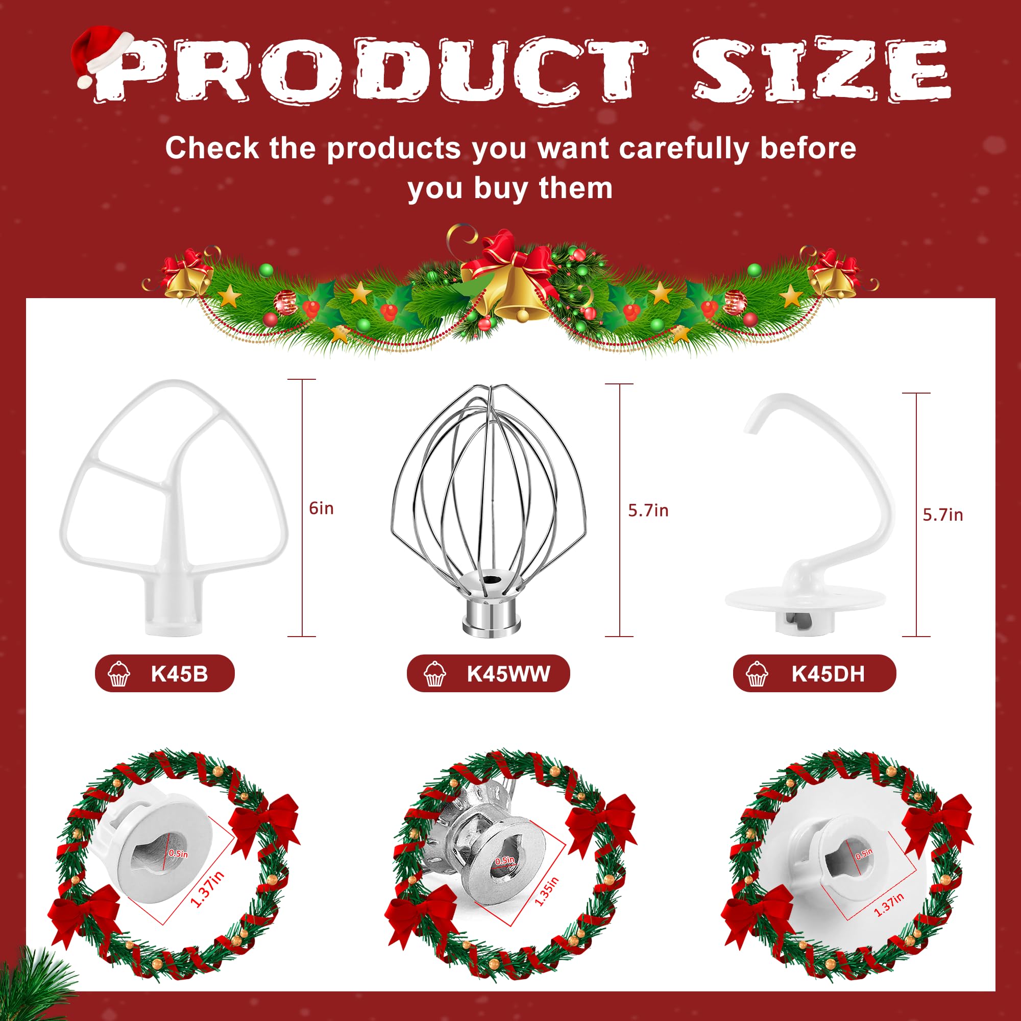 Kitchen Mixers Accessories 3-Piece Including K45DH Dough Hook&K45B Coated Flat Blade Paddle&K45WW Wire Whip for 4.5 QT Kitchen Tilt-Head Stand Mixer Attachments by Sikawai