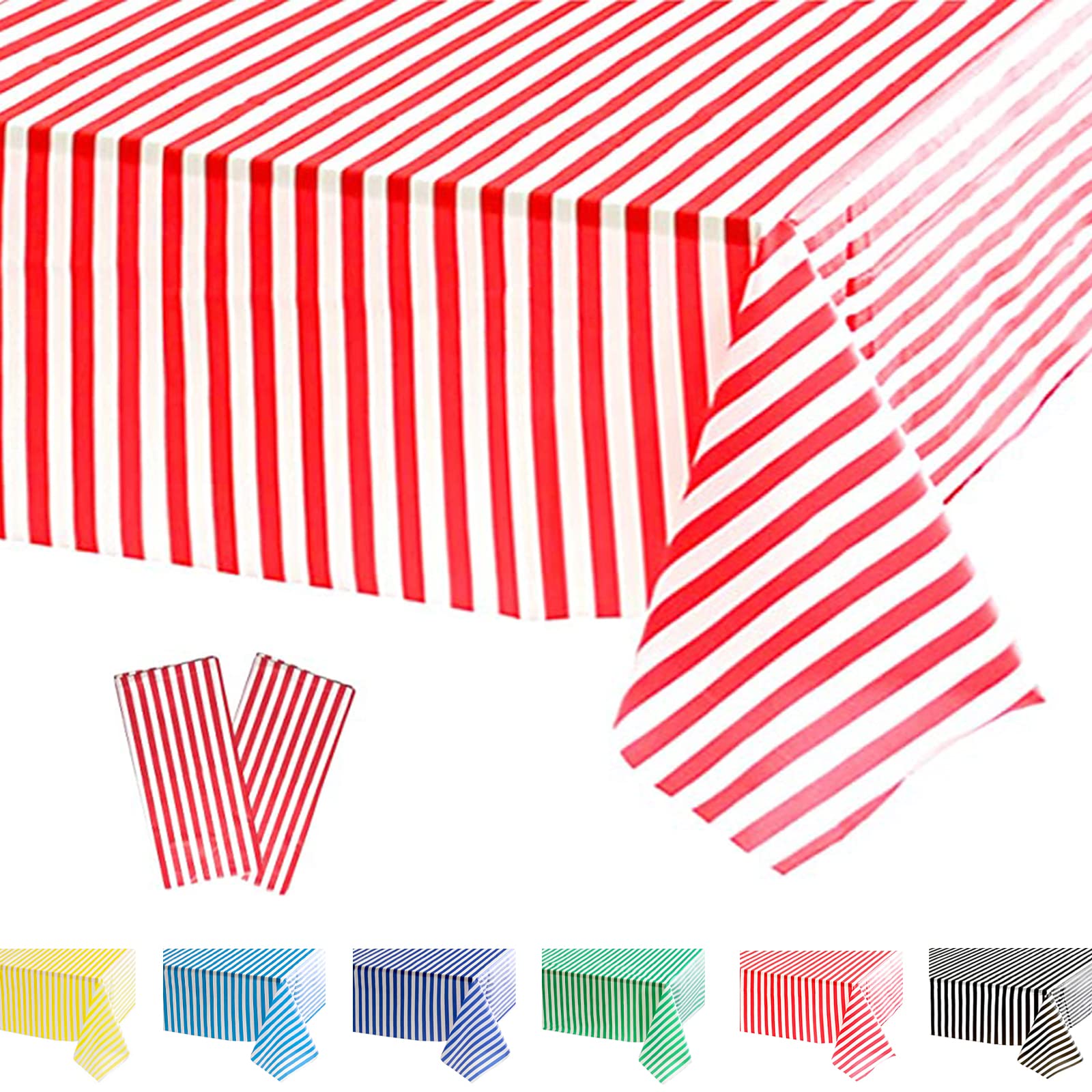 POPOYU 2 Pack Red and White Stripe Plastic Tablecloths, Red and White Circus Table Decorations, Circus Table Decorations for Circus, Movie Night, Carnival
