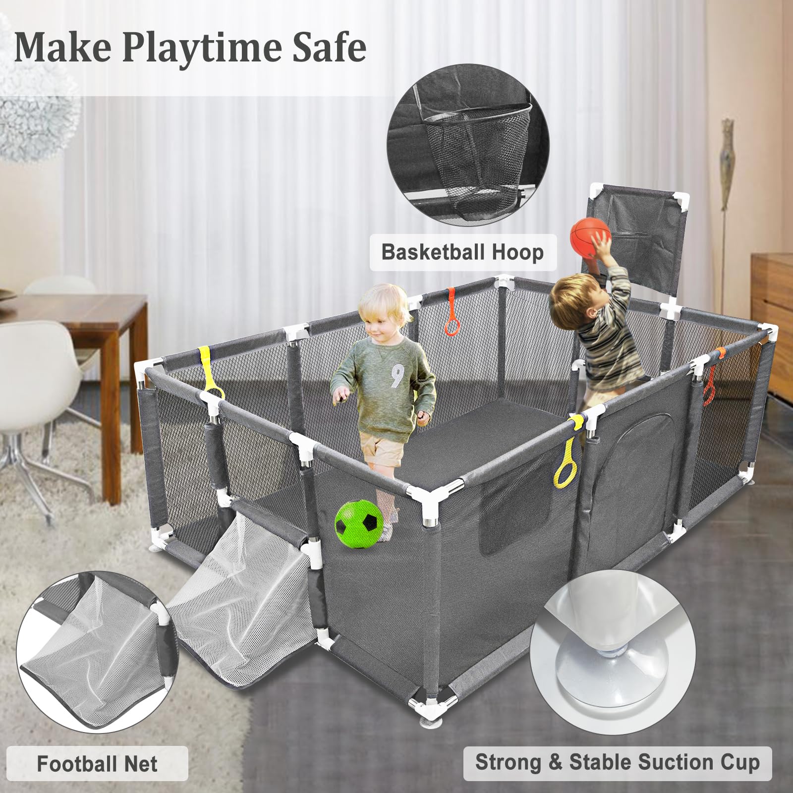 Large Baby Playpen 74''×50'', Ball Pit for Toddlers Babies with Basketball Hoop & Soccer Nets, Kids Activity Fence Play Yard with Anti-Slip Base & Soft Breathable Mesh (No Ocean Balls) (Grey)