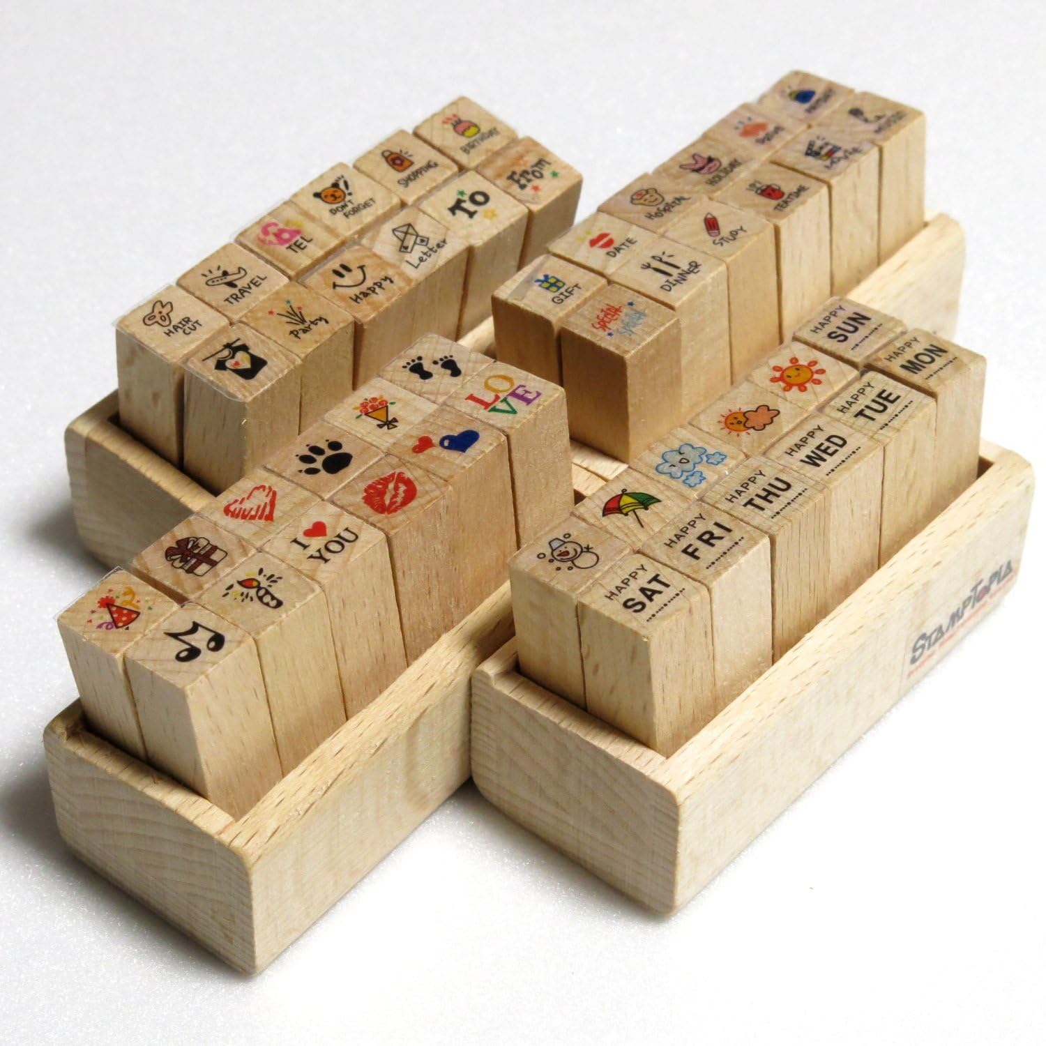 Amazon 木製スタンプセット 曜日 天気 感情 予定 イラスト の ４タイプ 日記 や 手帳 お 手紙 を かわいく デコ スタンプ セット スタンプ 文房具 オフィス用品