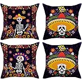 FARMNALL Day of The Dead Pillow Covers Dia De Los Muertos Sugar Skull Flower Throw Pillow Covers 18x18 Set of 4 Day of The Dead Deocr Pillow Case Mexican Fiesta Decorations and Supplies