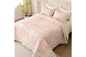 Cmfshape Floral Quilt with 2 Pillow Shams-King Size,Pink Bedspread 3 Piece,Garden Quilt Bedding Set for All Seasons,Lightweight Reversible Bed Coverlet for Girls (King106 x96 Pink)