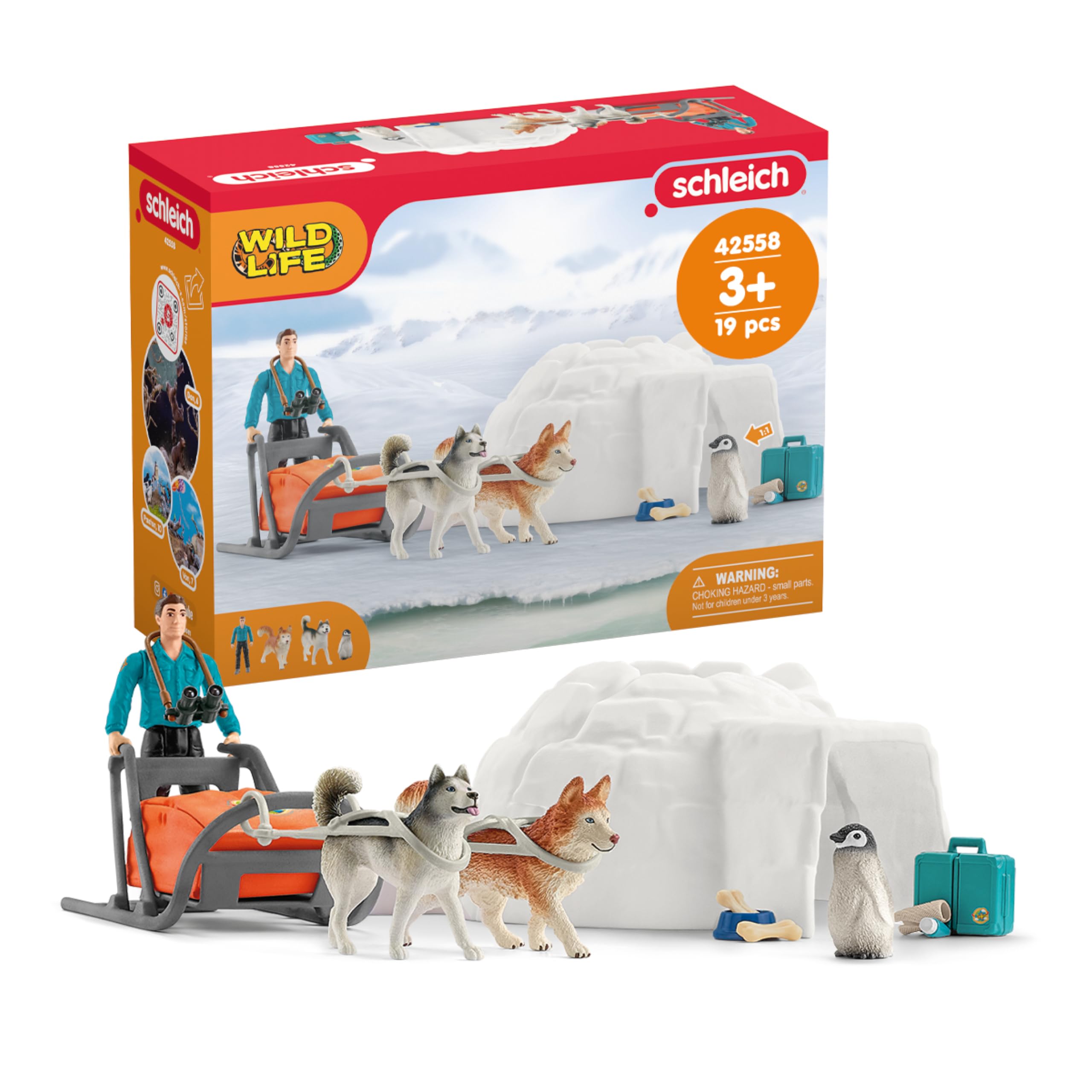 SCHLEICH Wild Life - 19 PC Antarctic Expedition Playset with Ranger, Husky Dogs, and Penguin Animal Figurines - Snow Safari Play Set with Dogsled and Igloo - Educational Toys for Kids 3-8 | 42558