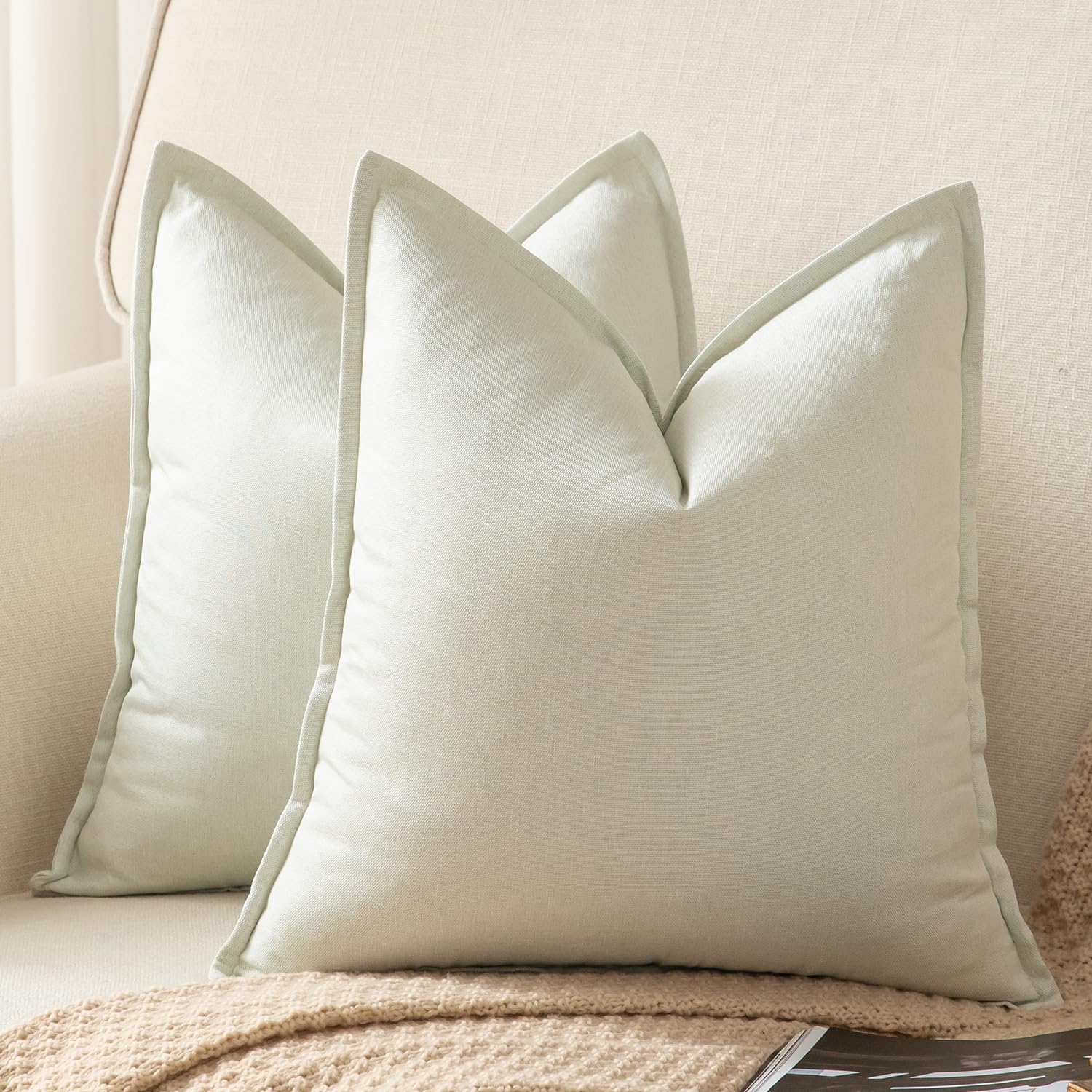 YAERTUN Pack of 2 Decorative Linen Soild Cushion Covers Farmhouse Neutral Throw Pillow Cases for Chair Couch Sofa Bedroom Living Room Home Decor 16 x 16 Inch 40x40 cm Cream White