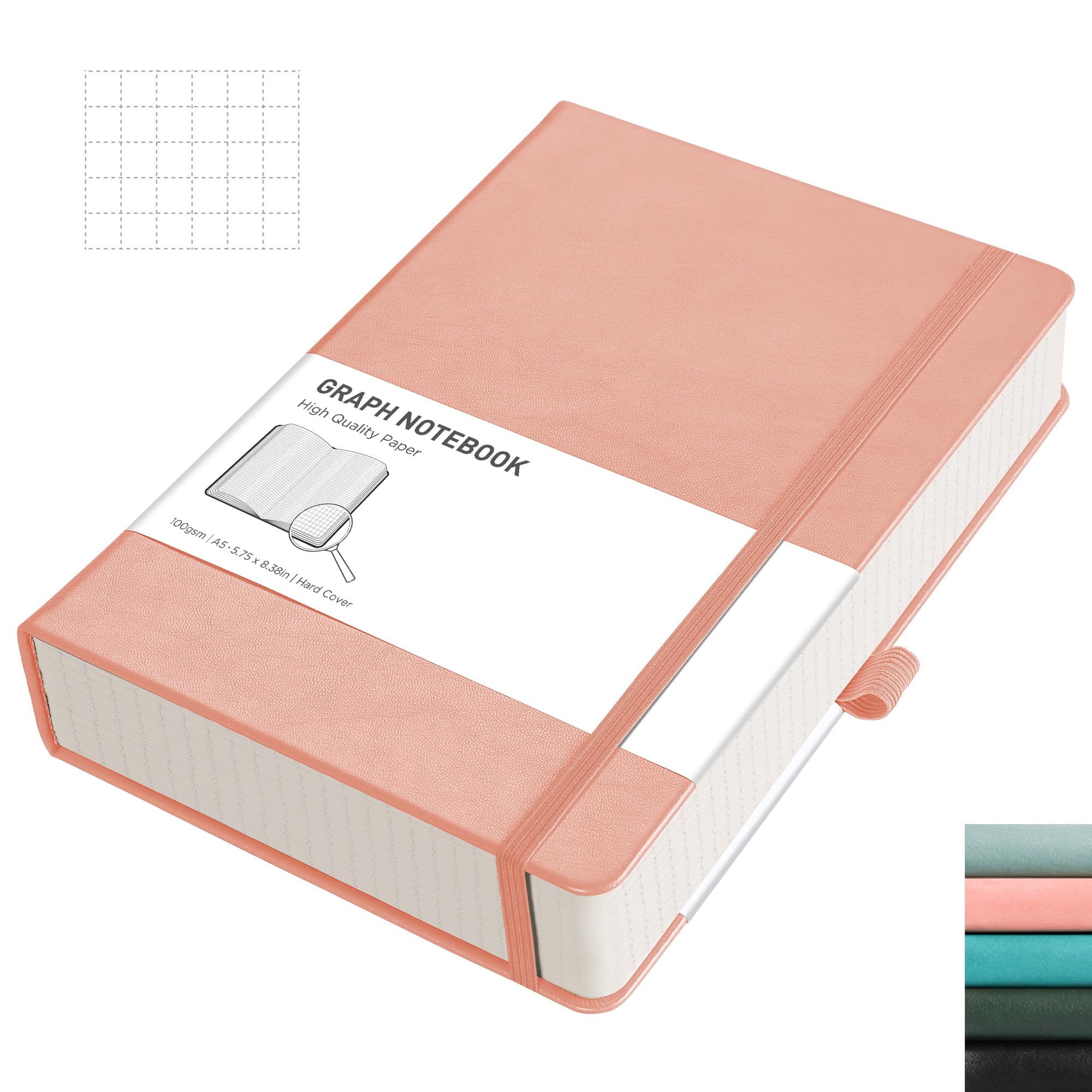 RETTACY Graph Paper Notebook A5 320 Pages Grid Notebook Thick Journal, 100gsm Thick Graph Paper, Leather Hardcover, Inner Pocket, for Office School Work Women Men14.5 x 21cm - Pink — image 1