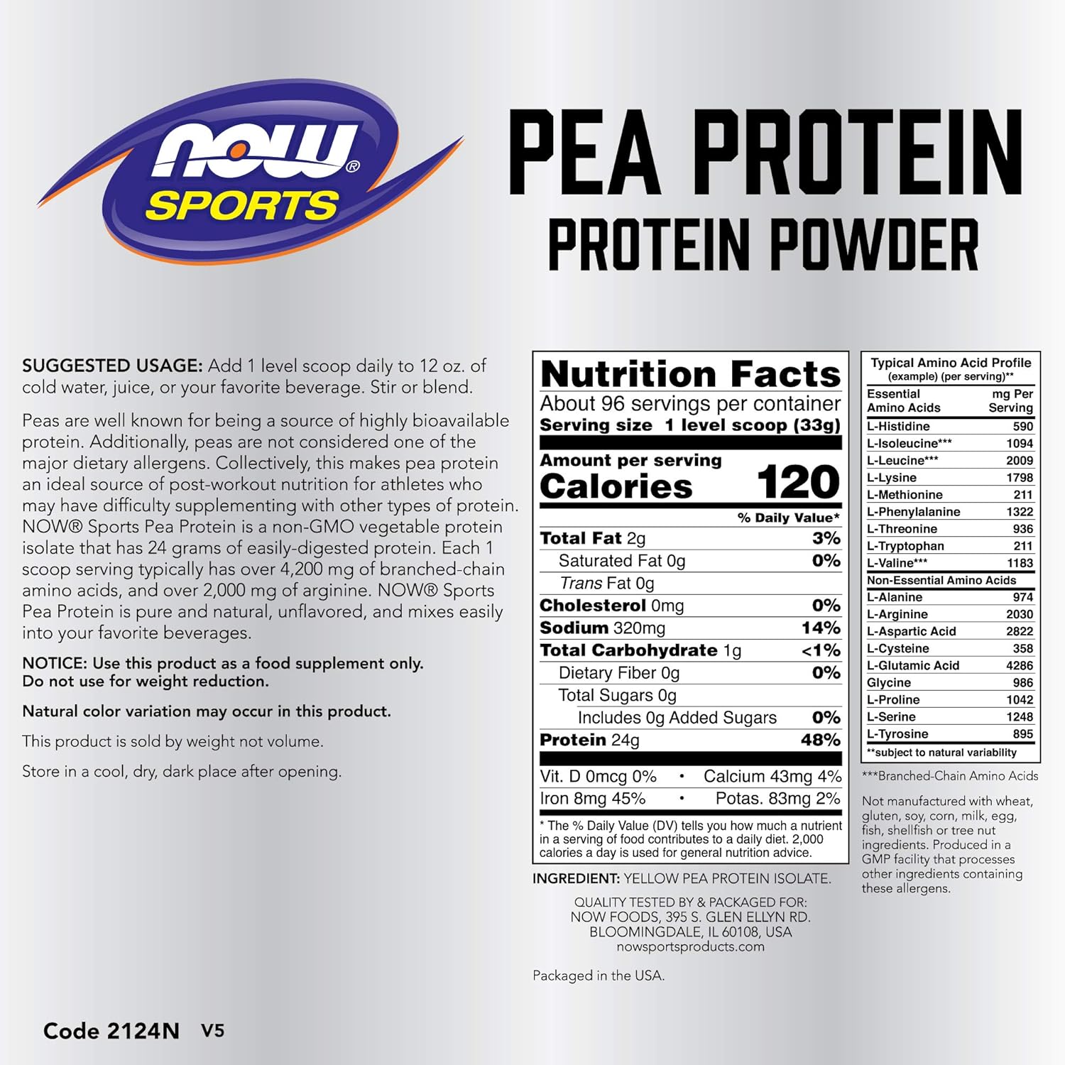 NOW Sports Nutrition, Pea Protein 24 G, Fast Absorbing, Unflavored Powder, 7-Pound: Health & Personal Care
