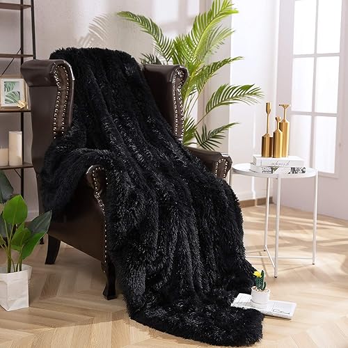 Terrug Soft Shaggy Fuzzy Throw Blanket - Fluffy Snuggly Faux Fur Blankets - Warm Cozy Plush Sherpa Blanket for Couch Sofa Bed Photo Props Home Decor,(60x50 Inches) Black