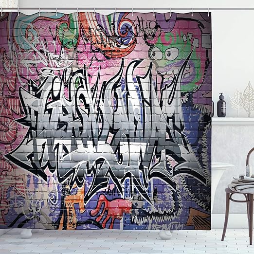 Amazon Com Ambesonne Brick Wall Shower Curtain Graffiti Grunge Art Wall Several Creepy Underground City Urban Landscape Print Cloth Fabric Bathroom Decor Set With Hooks 70 Long Grey Pink Home Kitchen