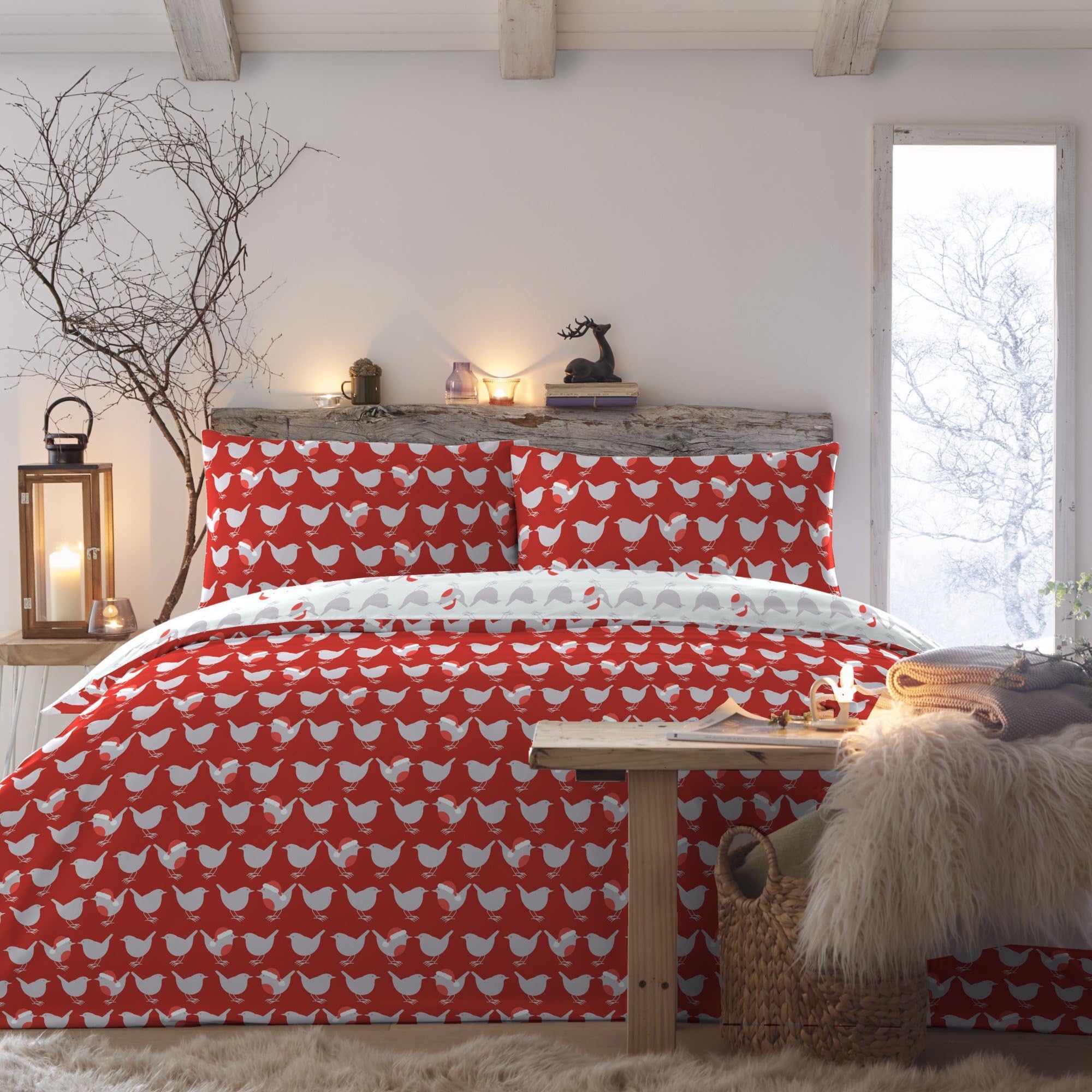 Fusion Christmas Red Robin Duvet Cover, Single 140x200cm, Reversible, 1 Pillowcase, Red & White Holiday Bedding — image 1