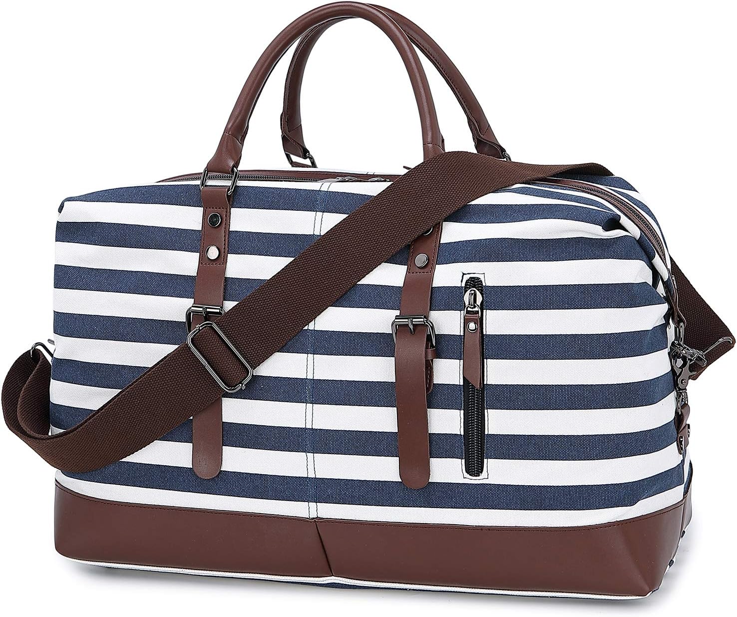 Large Weekender Bags Canvas Leather Duffle Bag Overnight Travel Carry On Tote Bag with Shoe Bag (Blue & White Striped)