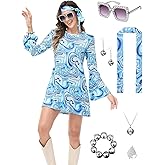 Wianja 70s Outfits for Women, 7pcs Disco Dress Necklace Earrings Sunglass Bracelets Ring Disco Party Supplies