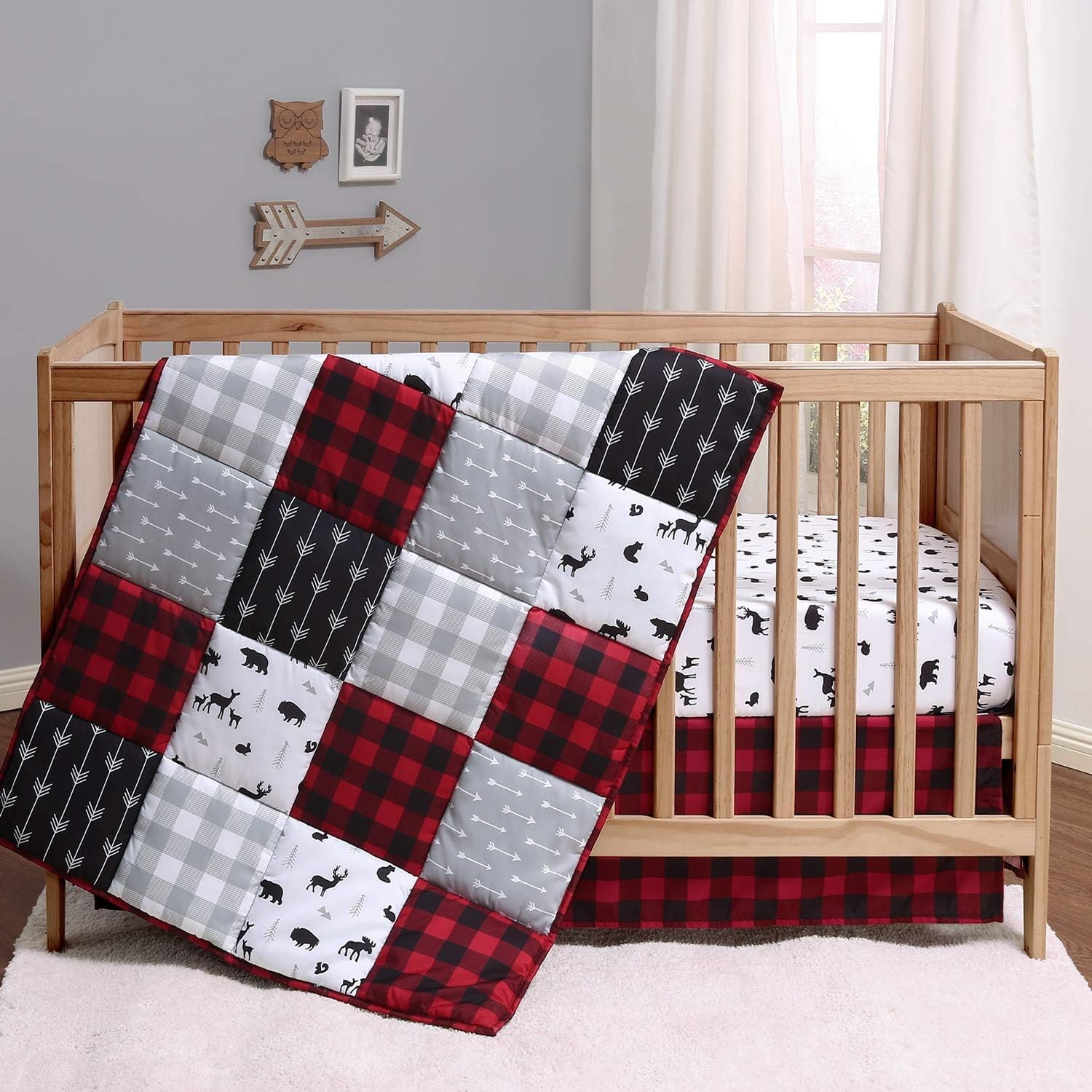 Amazon Com The Peanutshell Buffalo Plaid Crib Bedding Set For Boys Or Girls Red Black And Grey 3 Pieces Crib Quilt Fitted Sheet Crib Skirt Kitchen Dining