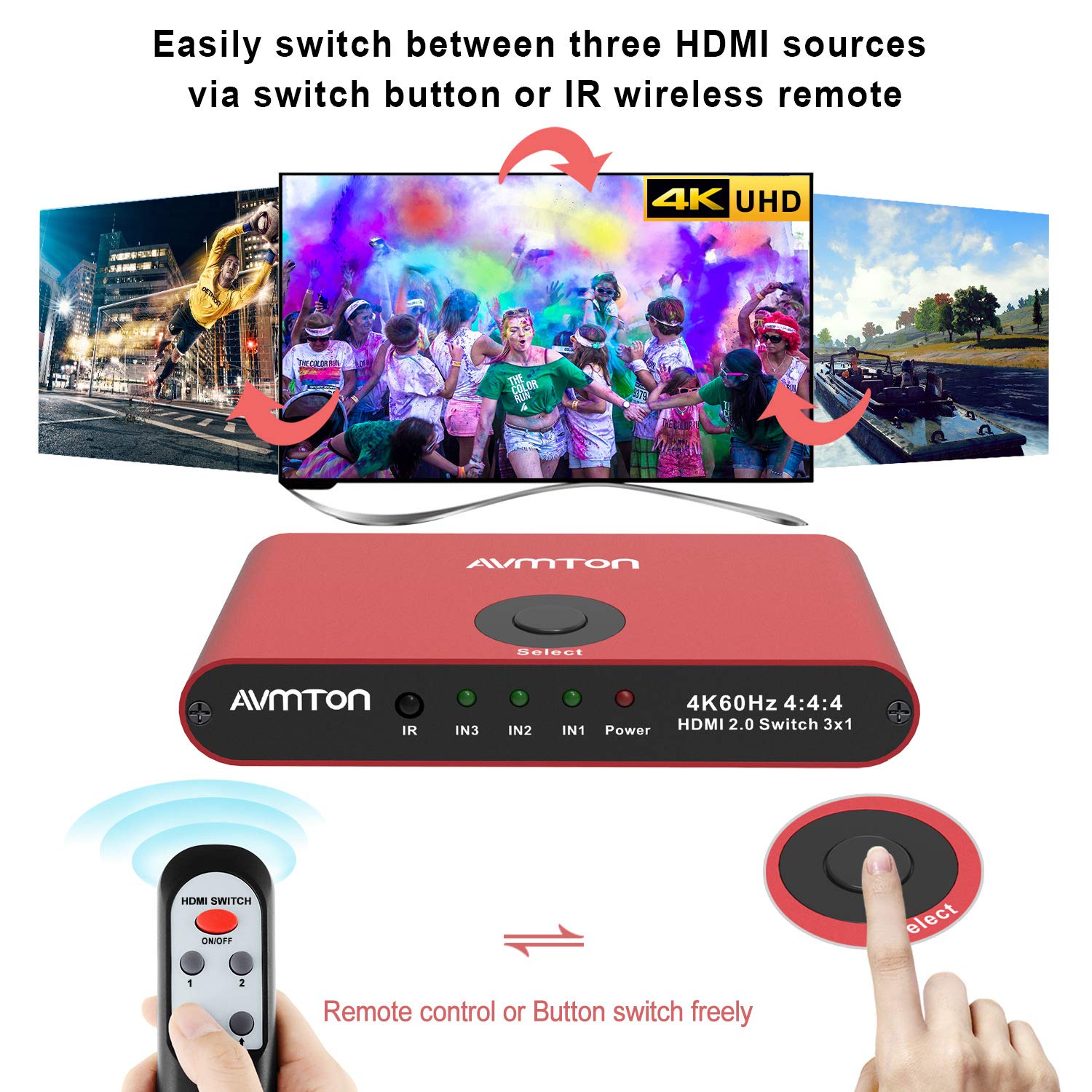AVMTON 4K HDMI 2.0 Switch 3 Port,HDMI Switcher Splitter 3 in 1 Out,Aluminum Red HDMI Selector Box with Remote Supports 4K@60Hz Ultra HD3D 2160P 1080P for DVD,PS3/4 TV/X Box Fire Stick Blu-Ray Player: Industrial & Scientific