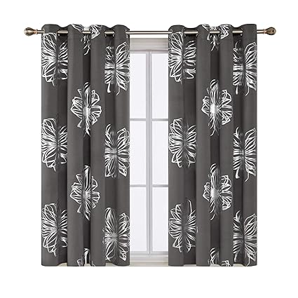 Deconovo Eyelet Curtains Foil Print Floral Thermal Insulated Ring Top Blackout Curtains For Boys Bedroom With Two Tie Backs 46 X 54 Drop Light Grey 1
