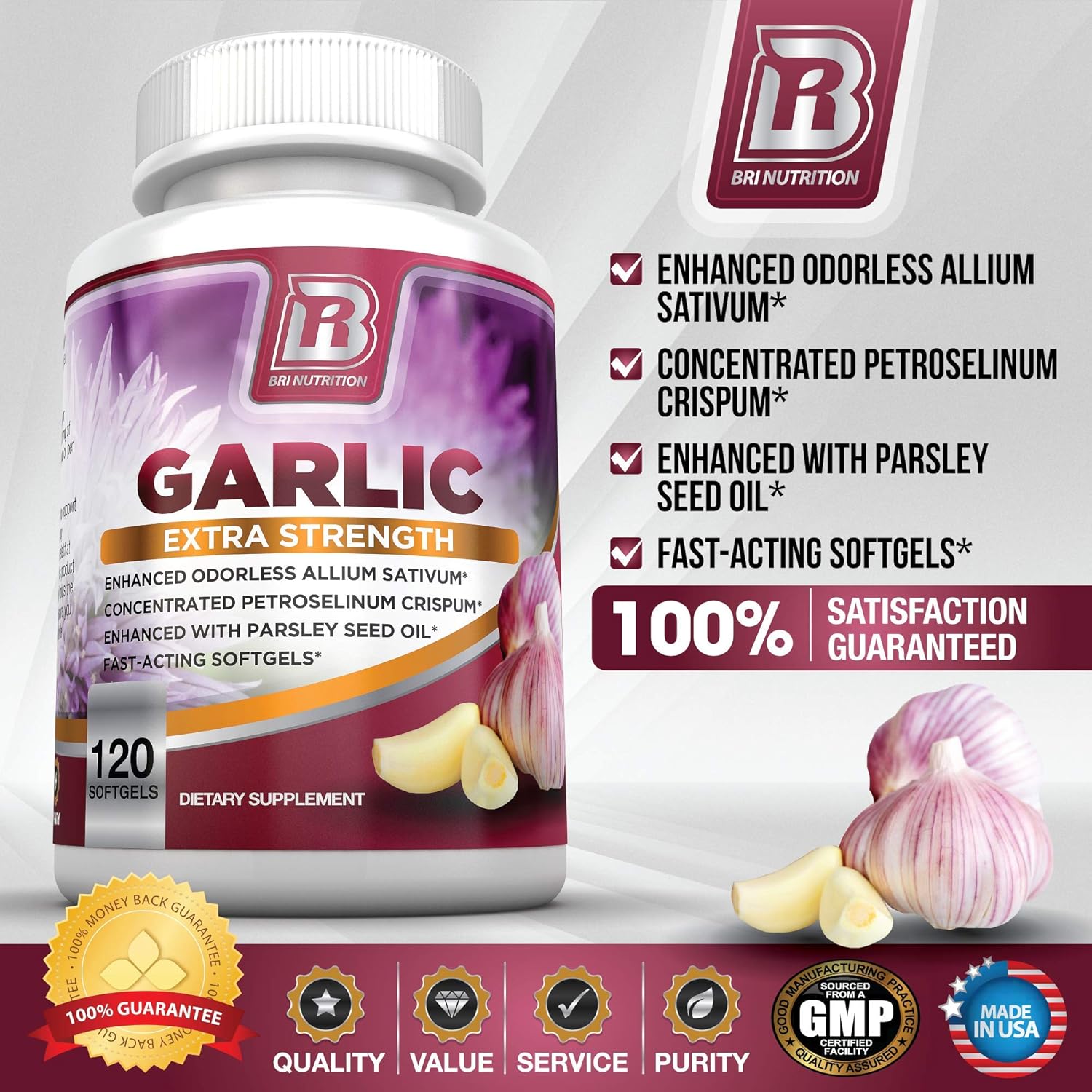 BRI Nutrition Odorless Garlic - 120 Softgels - 1000mg Pure and Potent Garlic Allium Sativum Supplement (Maximum Strength) - 60 Day Supply: Health & Personal Care