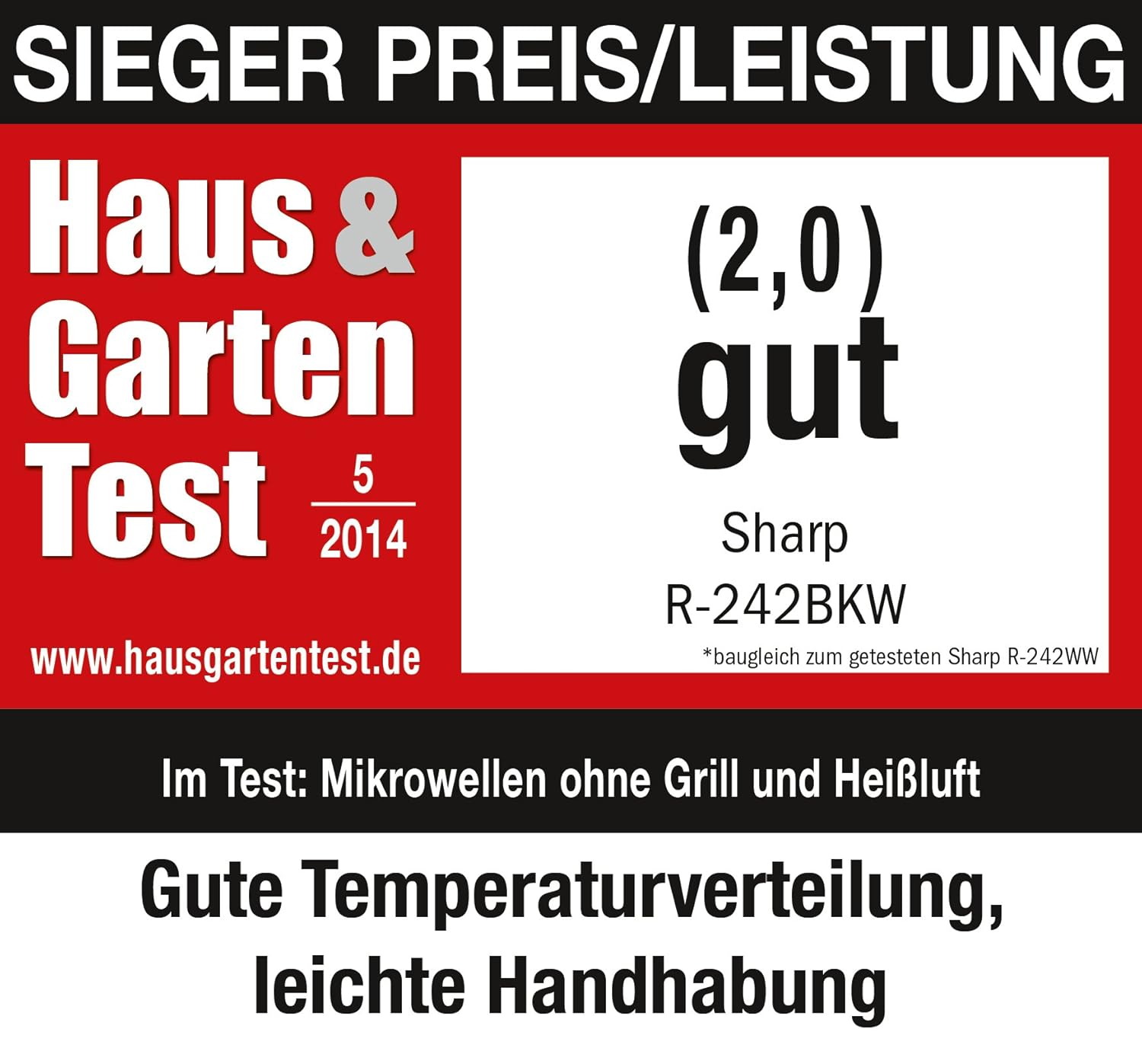 Sharp R-242 BKW Microondas 20L, Control Táctil, 800W, Black, 800 W, 20 litros, Negro