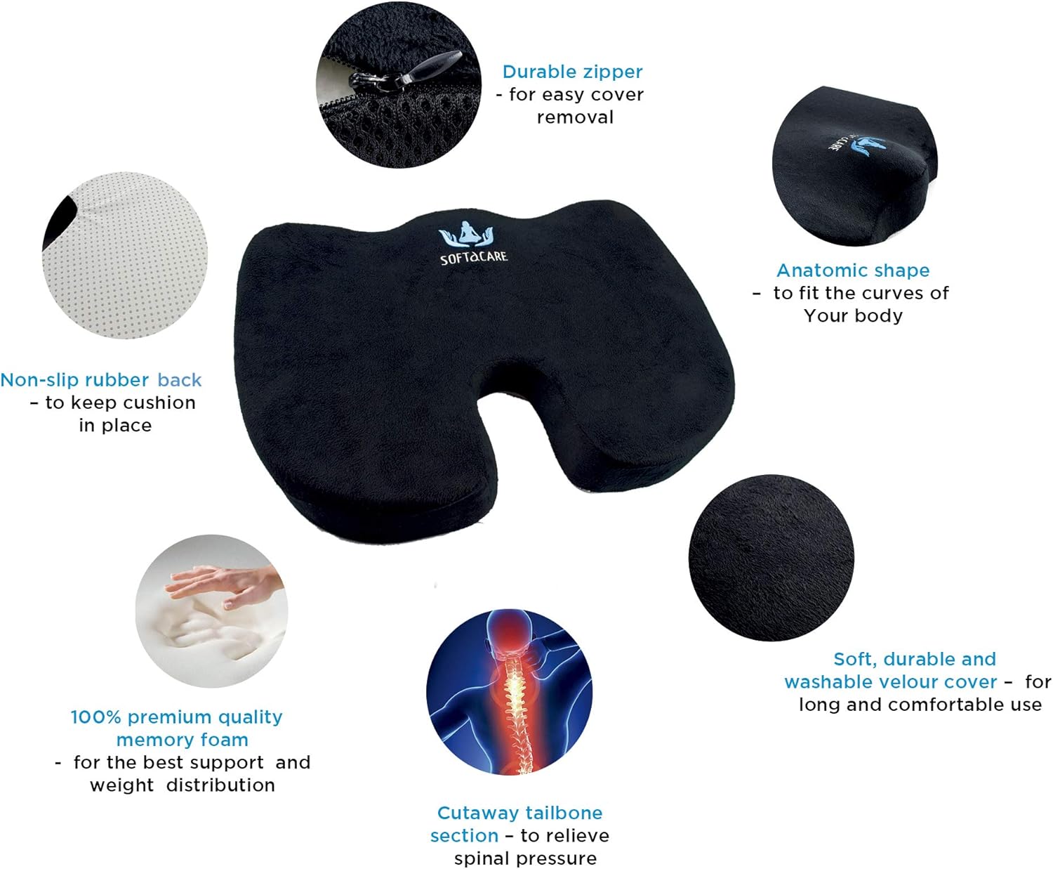 SOFTaCARE Seat Cushion Coccyx Orthopedic Memory Foam and Lumbar Support Pillow, Set of 2 (Black, 2 pcs): Home & Kitchen