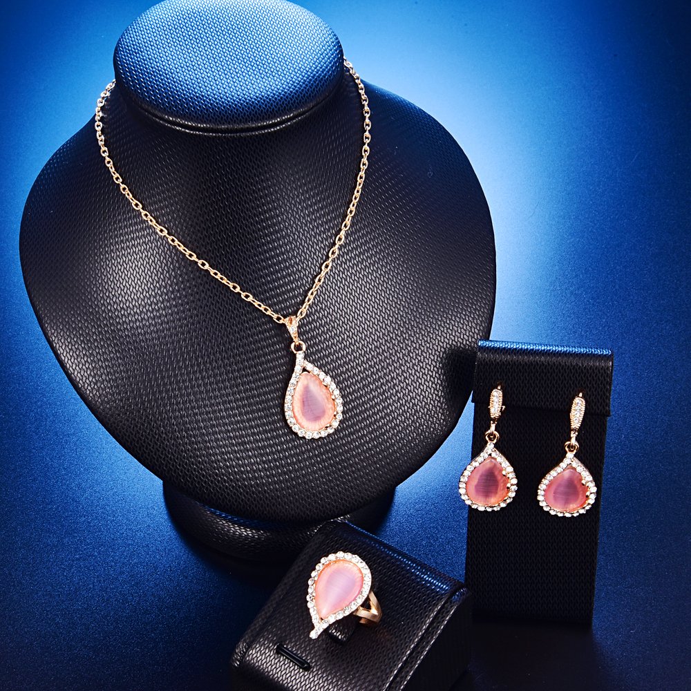 Rose Gold Crystal Jewelry Set Cute Women Pink Gems Necklace Earring Wedding Party Costume Accessories CZ Diamond - Ring#8