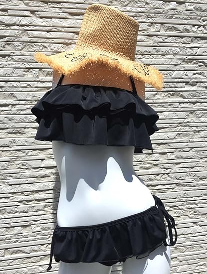 Amazon レディース水着 水着 フリル ビキニ バンドゥ 水着 フィットネス 水着 体型カバー ヨガウェアー ２ フリル レース 無地 ブラック 黒 バストカバー Ggshop ジージーショップ 服 ファッション小物 通販