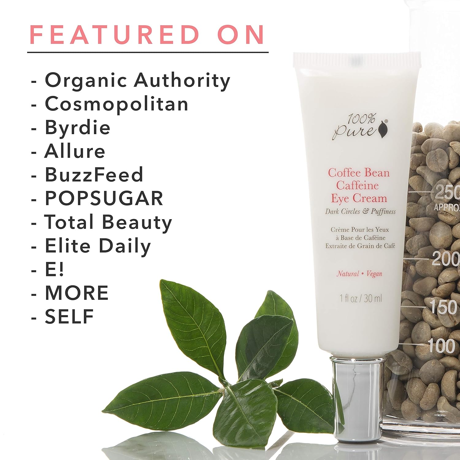 100% PURE Coffee Bean Caffeine Eye Cream for Wrinkles, Anti-Aging, Dark Circles Under Eye Treatment for Eyelids and Under Eye Area - 1 Fl Oz: Beauty