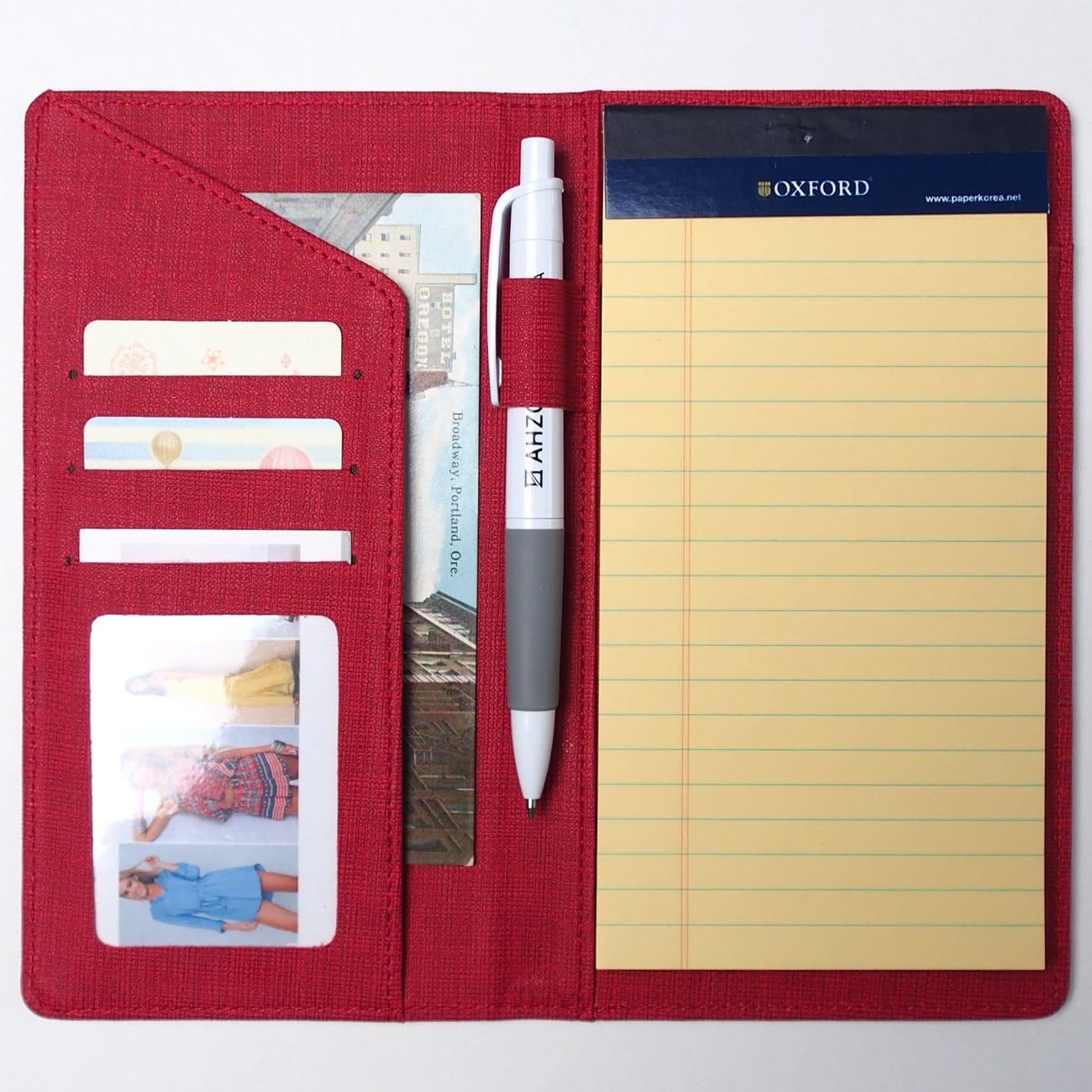 AHZOA Colorful 4 Pockets Slim Size Memo Padfolio S1, Including 3.5 X 6.9 Inch Legal Writing Pad, Synthetic Leather Handmade About 4.3 X 7.5 Inch Folder Clipboard Holder (Dark red)