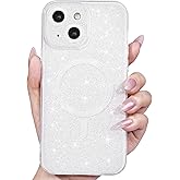 Svanove Glitter Case for iPhone 15 Phone Case Magnetic Compatible with Magsafe, Sparkle Bling Shiny Sparkly Cute Girly Design, Bright Trendy Aesthetic Hard Mag Cover for Women Girls, White