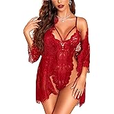 RSLOVE Sexy Womens Lingerie Set - 2 Piece Lace Kimono Robe with Lace Teddy Lingerie Bodysuit Sexy