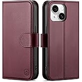 BoxCastle Compatible with iPhone 14 Genuine Leather Case Wallet with Card Holder,Women Men Real Leather Flip Folio RFID Blocking Credit Card Slots Kickstand Phone Cover,for Apple 14 6.1",Wine Red