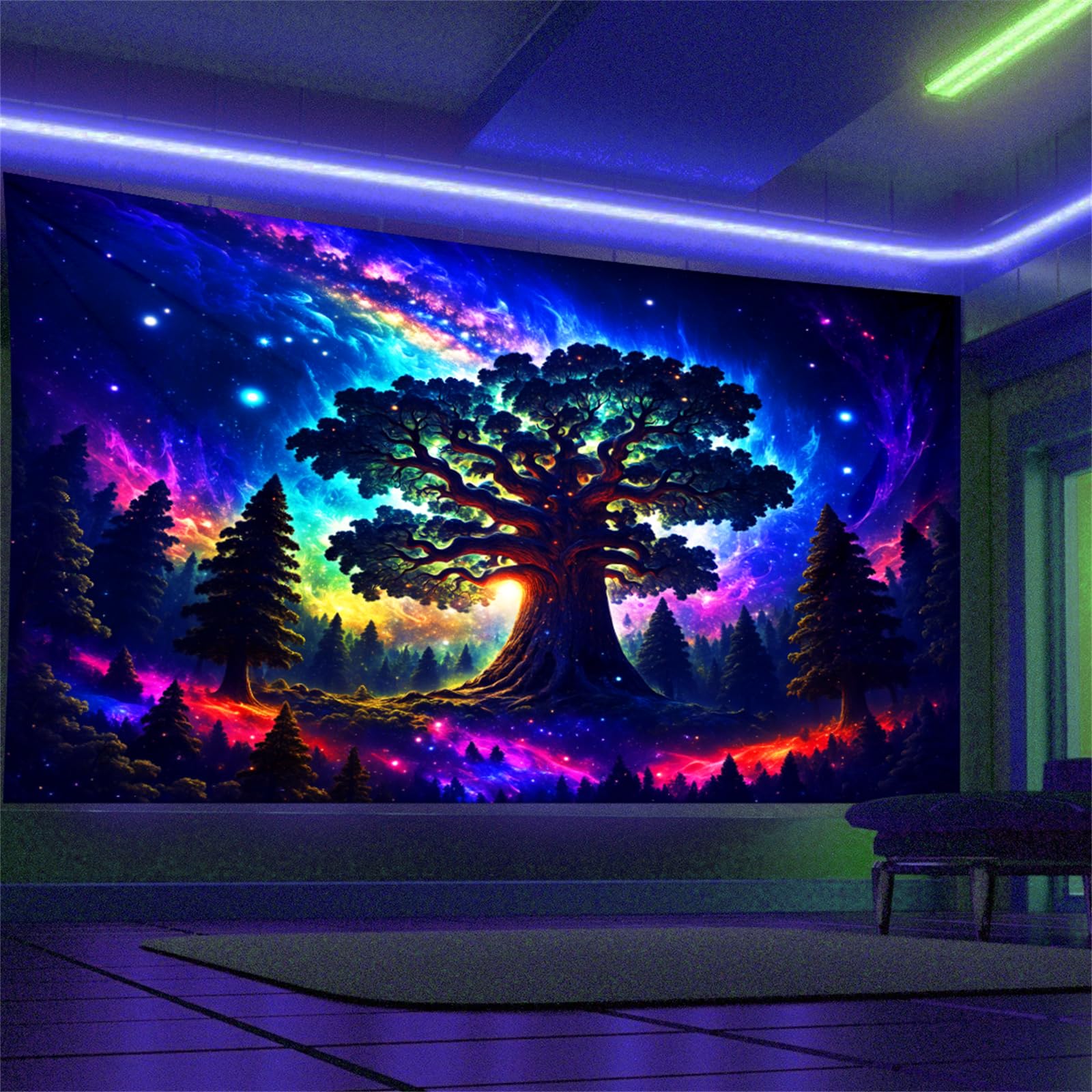 Arsey Wall Tapestry Forest Trippy UV-Reactive Blacklight Tapestries Tree Stars Galaxy Aesthetic Wall Hanging Decor Living Room Bedroom Party Backdrop, Blue, 230 x 180cm