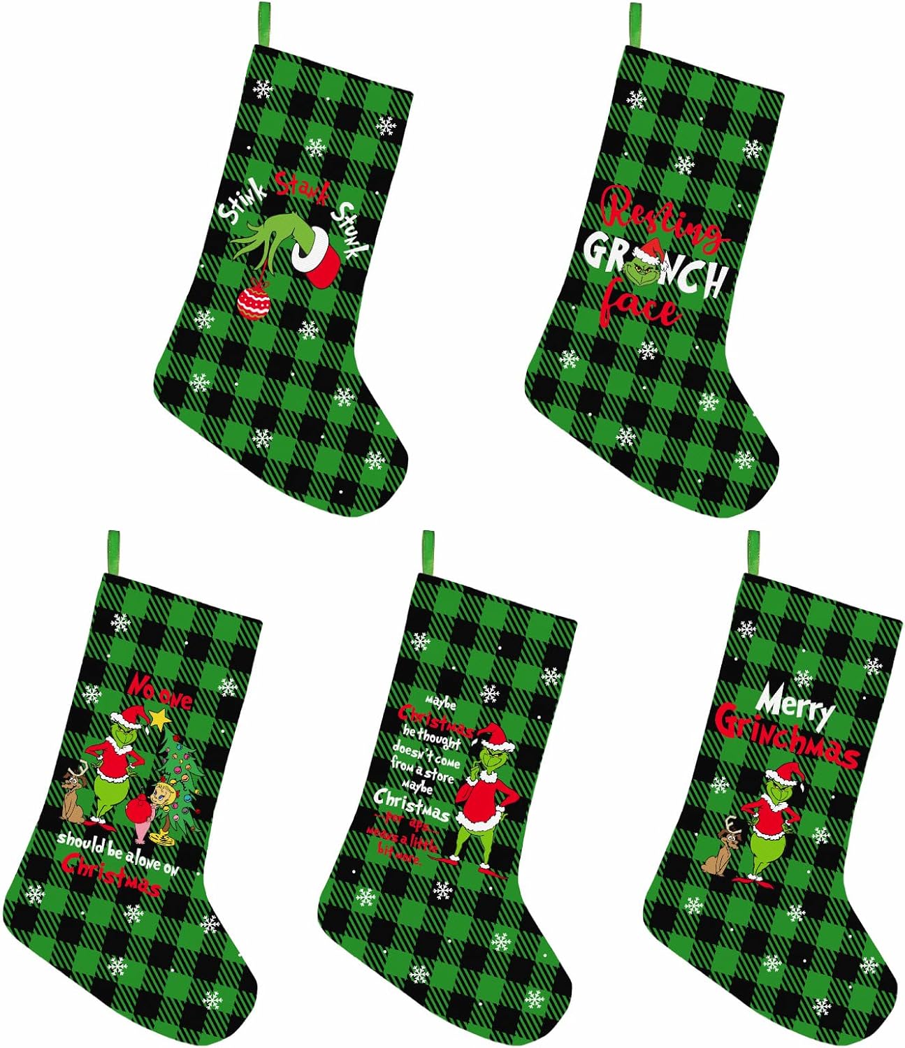 Stockings & Holders - 5 Pack Grinchs Christmas Stockings, 16 Inch Large Grinchs Stocking, Funny Whoville Christmas Decorations, Holiday Party Decor Supplies, Fireplace Xmas Tree Ornaments, Christmas Novelty Presents