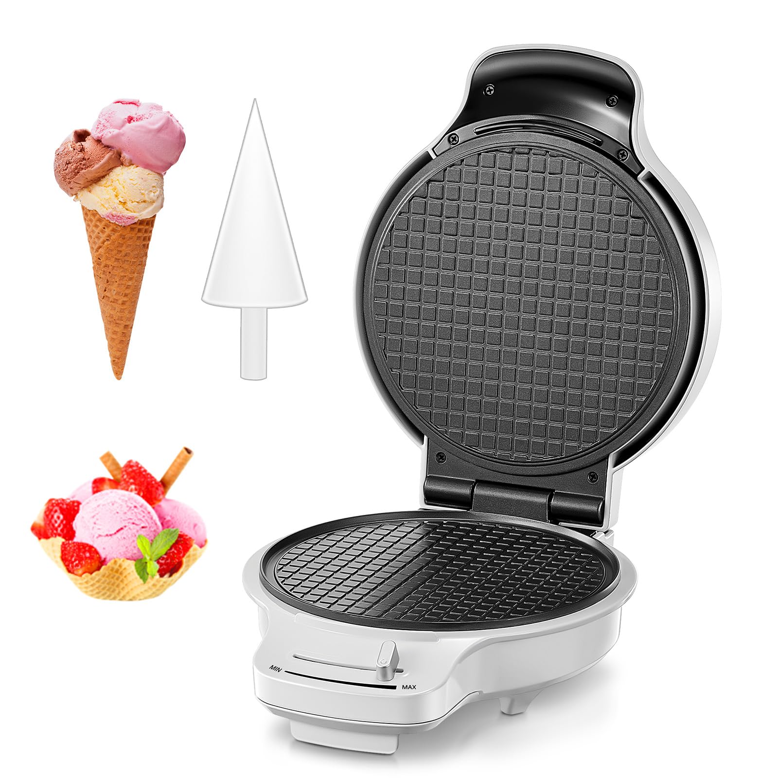 Photo 1 of FOHERE Waffle Cone Maker Machine and Ice Cream Bowl Maker with Temperature Control, Double Side Nonstick Waffle Bowl Maker with Cone Roller, 7.5” Thin Waffle Maker for Home Kitchen (White)