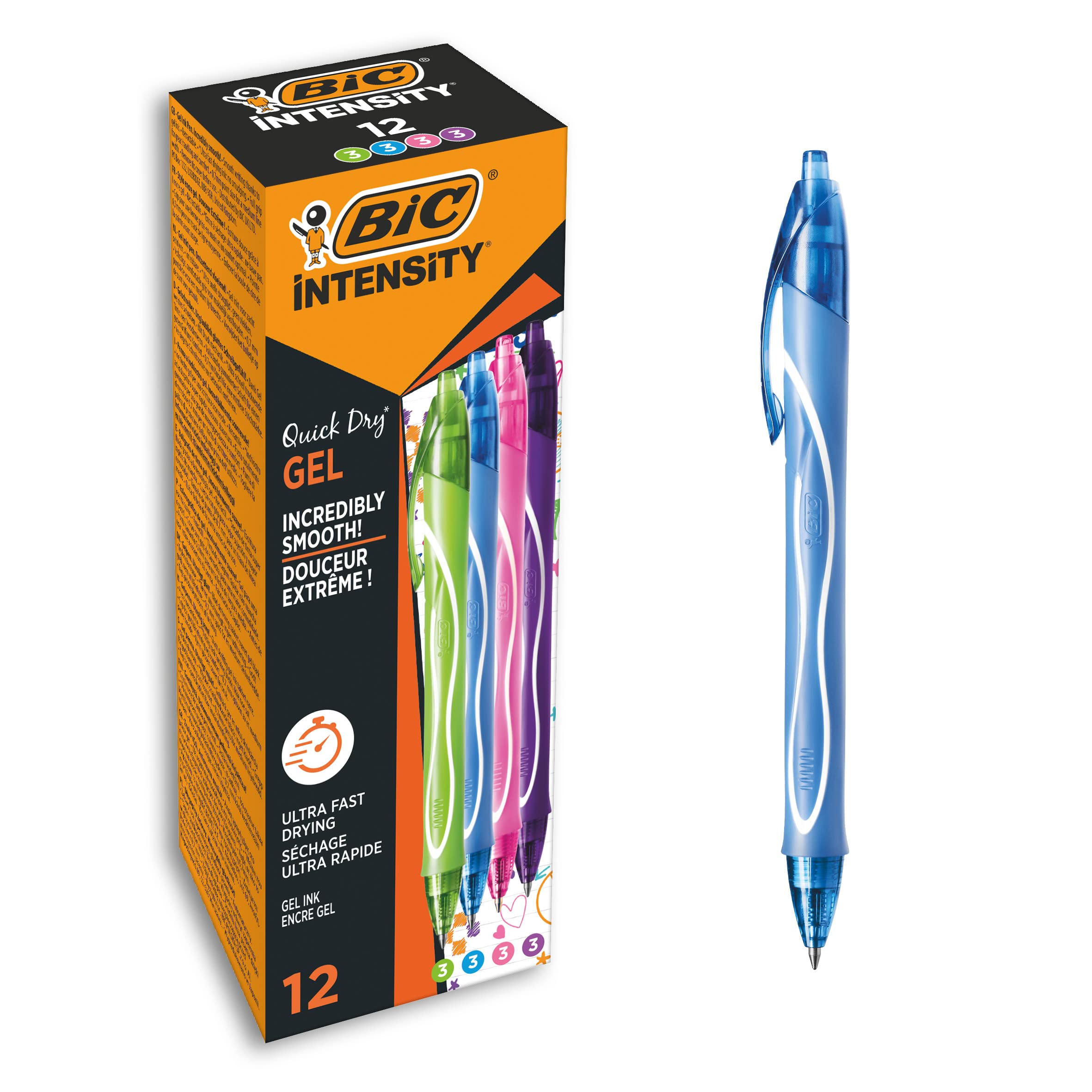 BIC Gel-ocity Quick Dry, Ultra Fast Drying Gel Ink Pens with Full Grip Barrel, Assorted Colours, Pack of 12