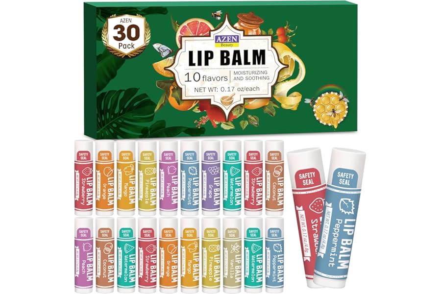 AZEN 30 Pack Lip Balm, Natural Lip Balm Bulk, Lip Care Product, Moisturizing Lip Balms for dry cracked lips – 10 Flavors