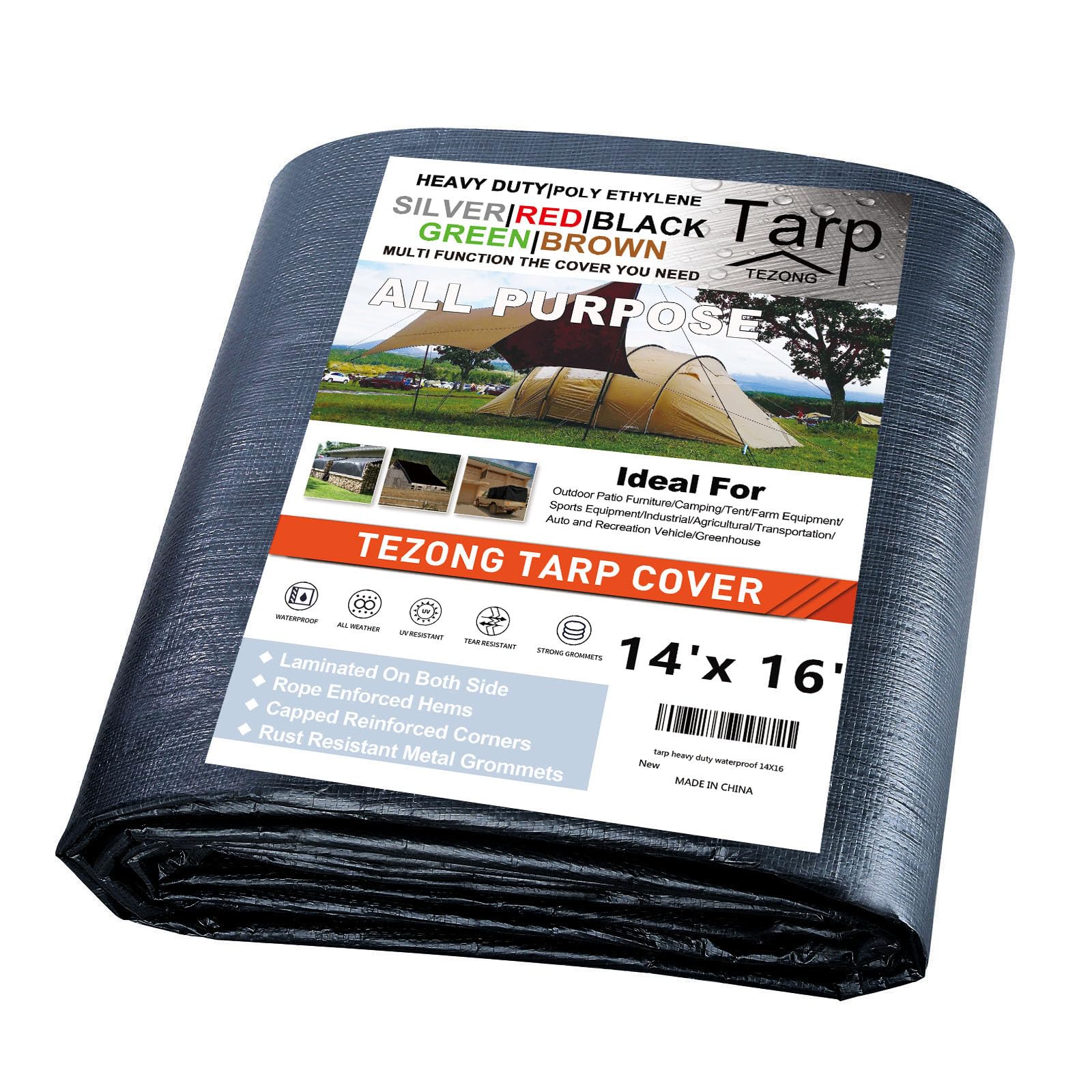 Photo 1 of TEZONG Heavy Duty Waterproof 14x16ft Black Tarp, 12MIL Polyethylene, UV Resistant, Ideal for Camping, Hunting, Emergency Preparedness