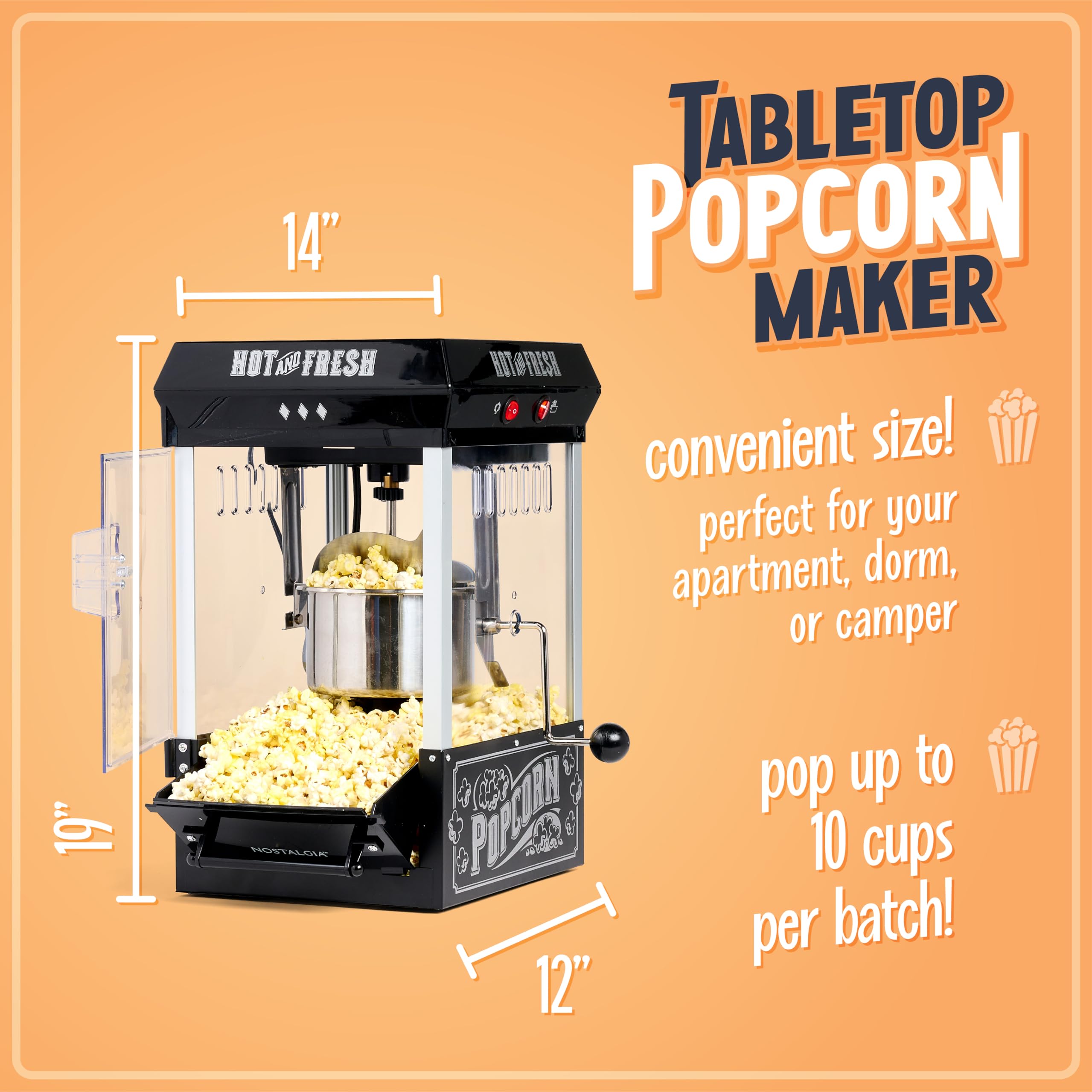 Nostalgia Popcorn Maker Machine - Professional Tabletop With 2.5 Oz Kettle Makes Up to 10 Cups - Vintage Popcorn Machine Movie Theater Style - Black