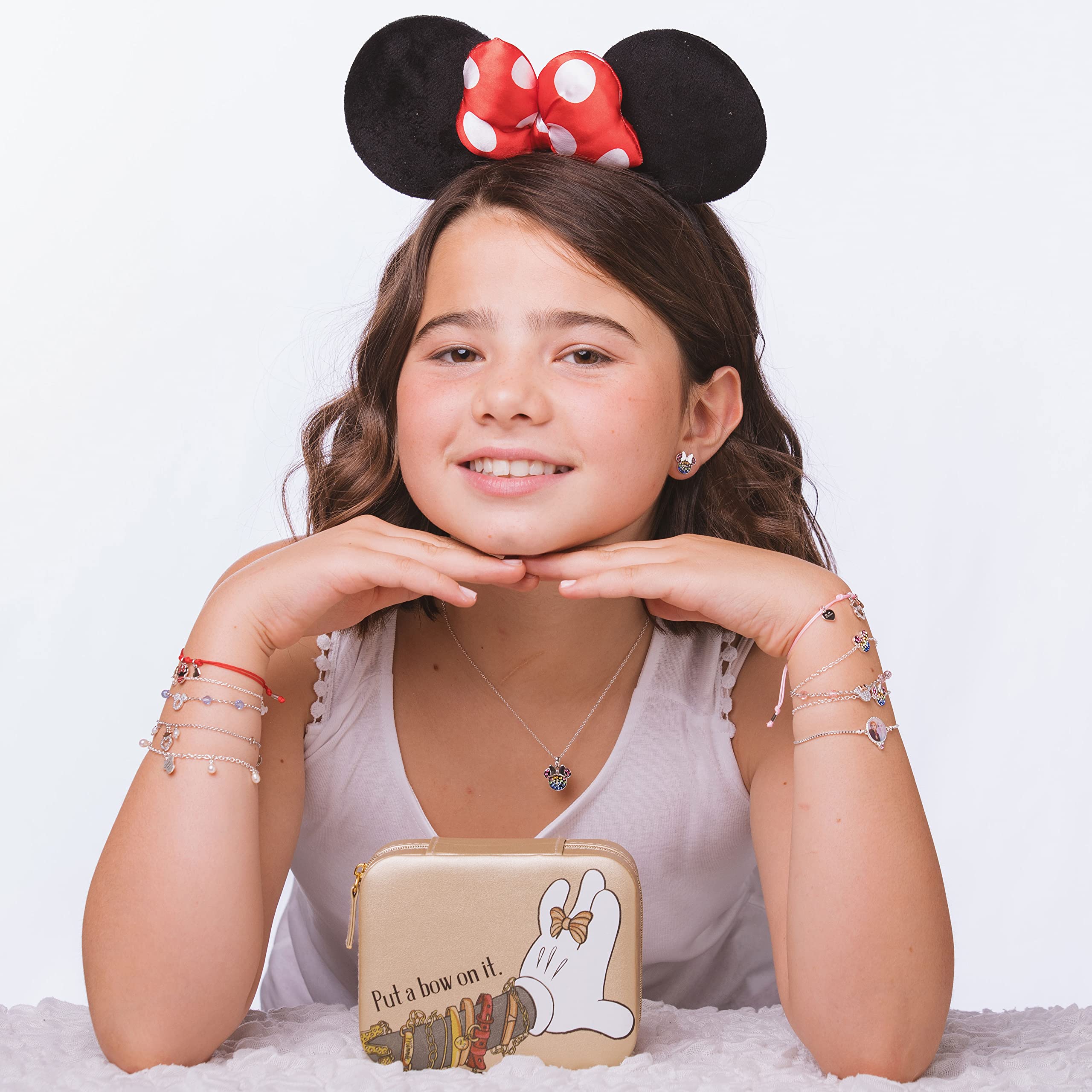 Disney Minnie Mouse Travel Jewelry Box with Pendant and Earrings Gift Set, Put A Bow On It Minnie Design