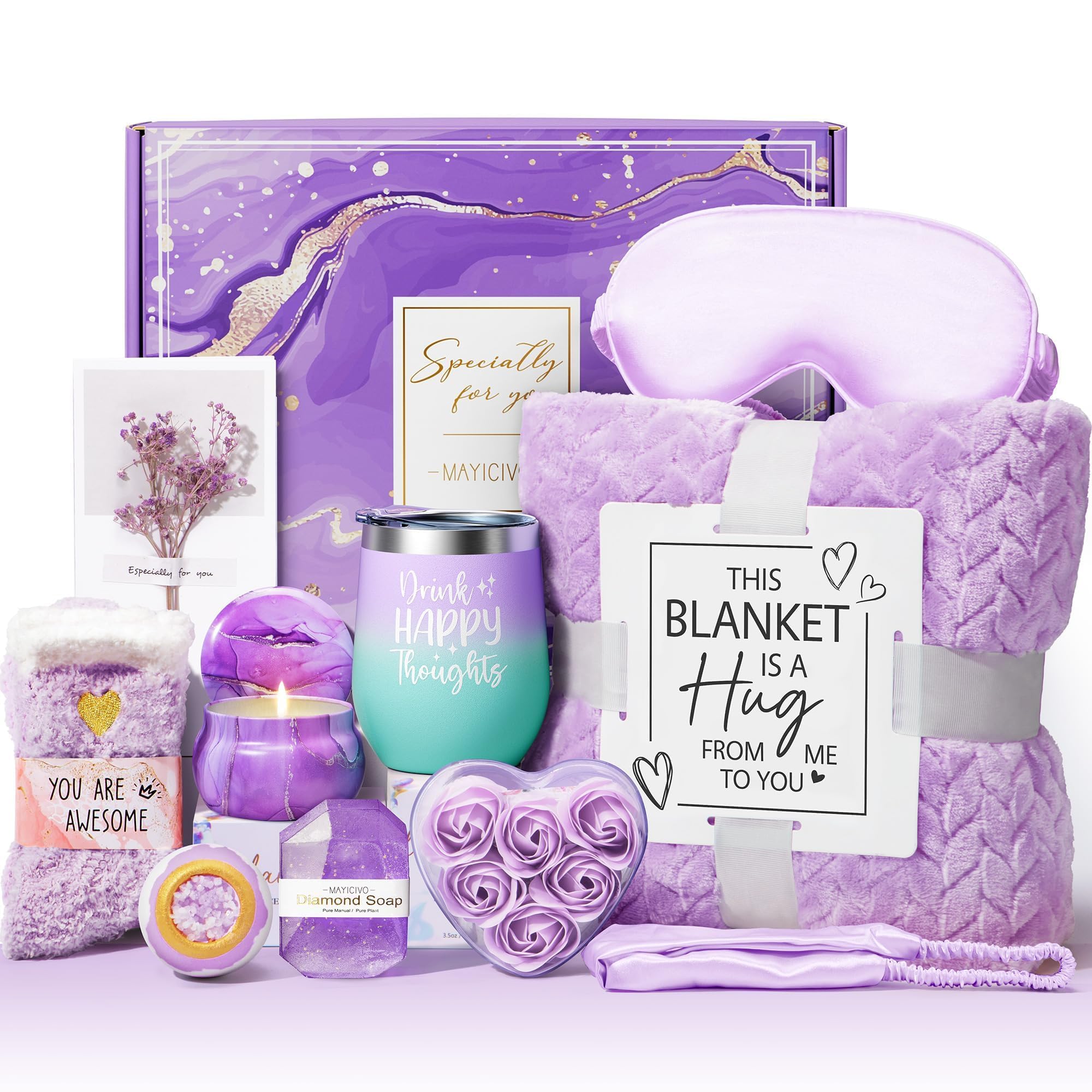 Mothers Day Birthday Gifts for Women Self Care Get Well Soon Gifts, Lavender Relaxing Spa Gift Basket Thinking of You Care Package w/Flannel Blanket, Unique Gift for Mom Her Wife Grandma Friend Sister