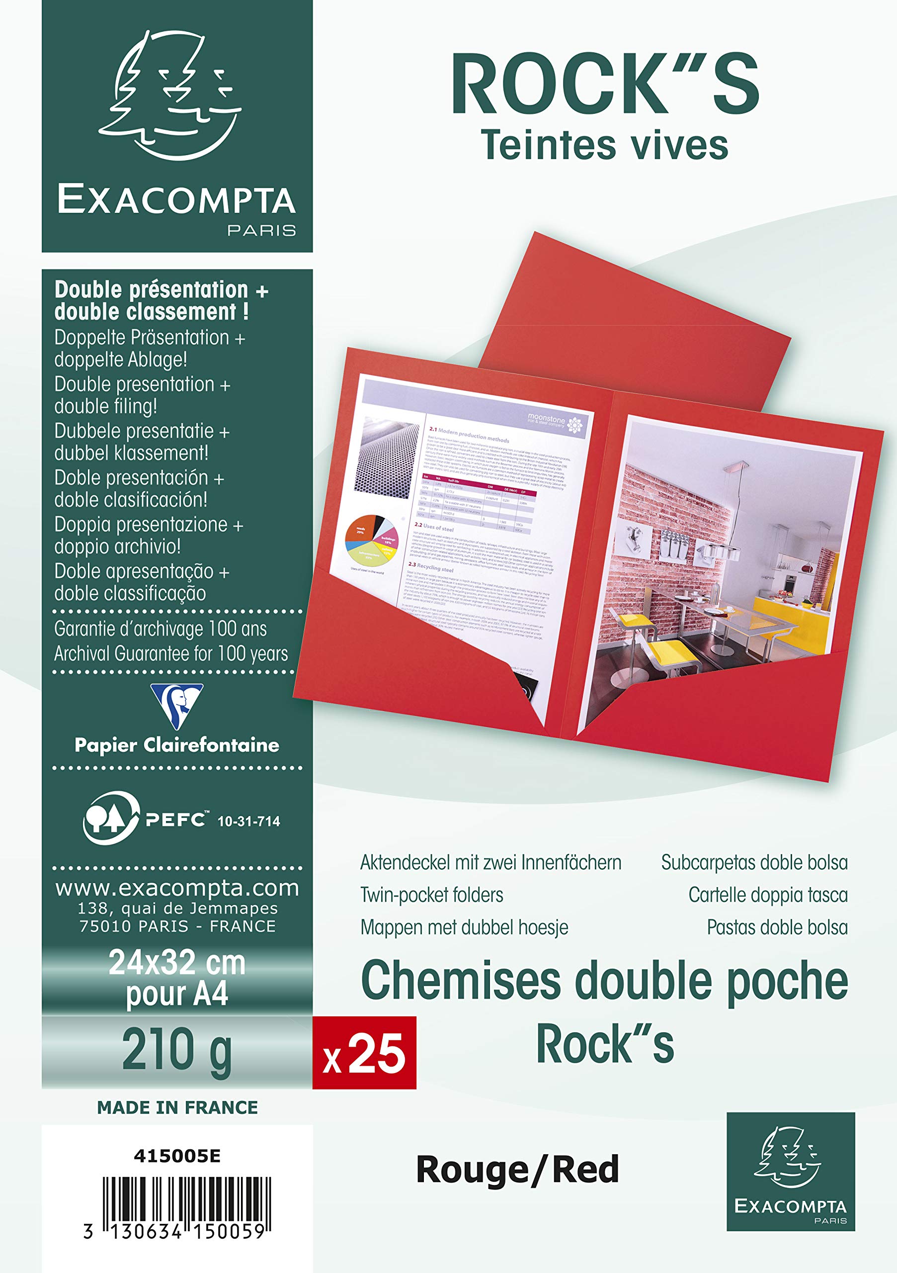 Exacompta - Ref 415005E - Rocks Collection - Double Pocket Folders - 240 x 320mm in Size, Suitable for A4 Documents, 210gsm Material - Red (Pack of 25)