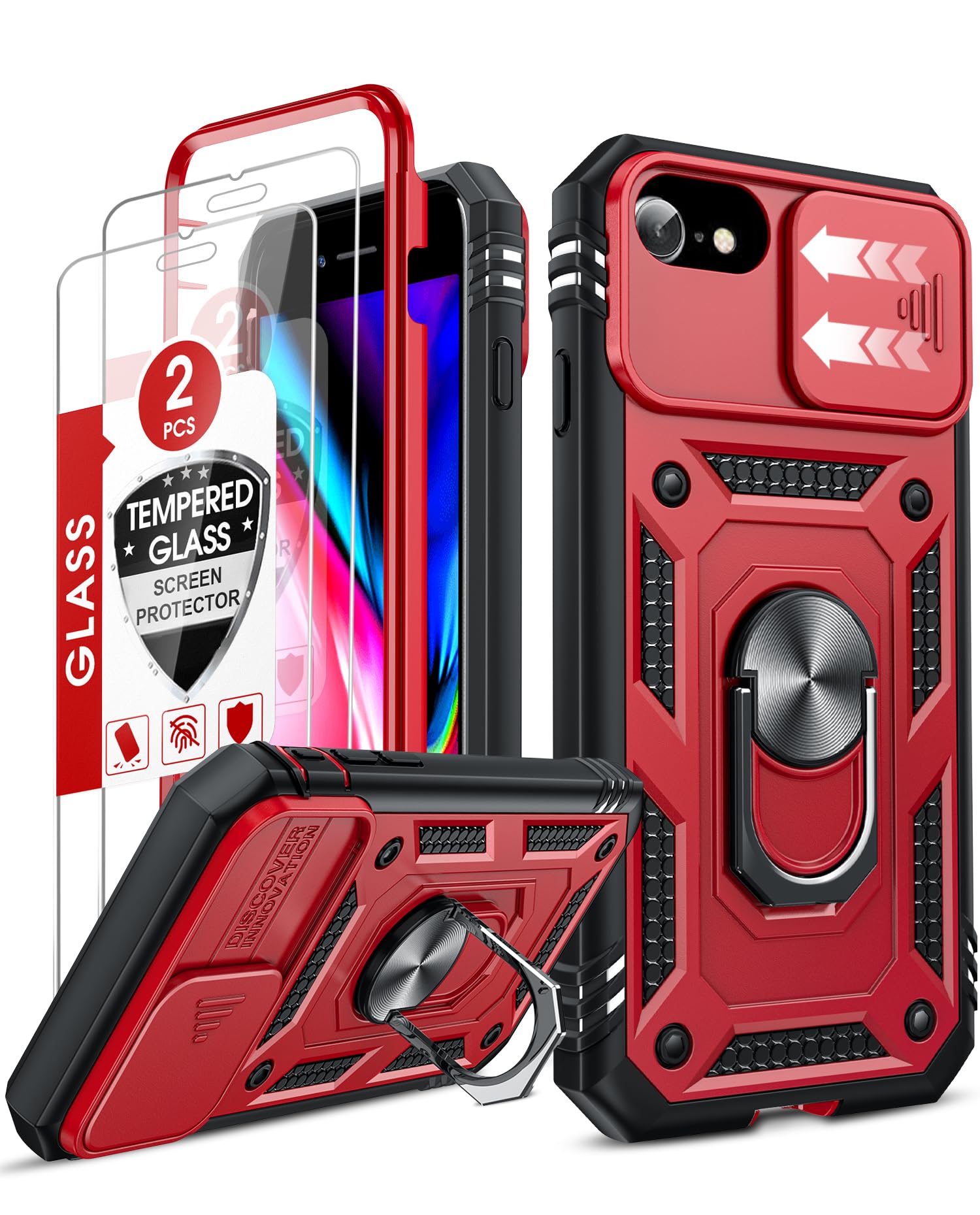 Photo 1 of LeYi Compatible for iPhone SE 3rd/ 2nd Generation Case: 7/8/ SE 2022 2020 Phone Cover with Slide Camera Cover+ 2pcs Tempered Glass Screen Protector, Full Body Case with Kickstand for SE, Red+Black