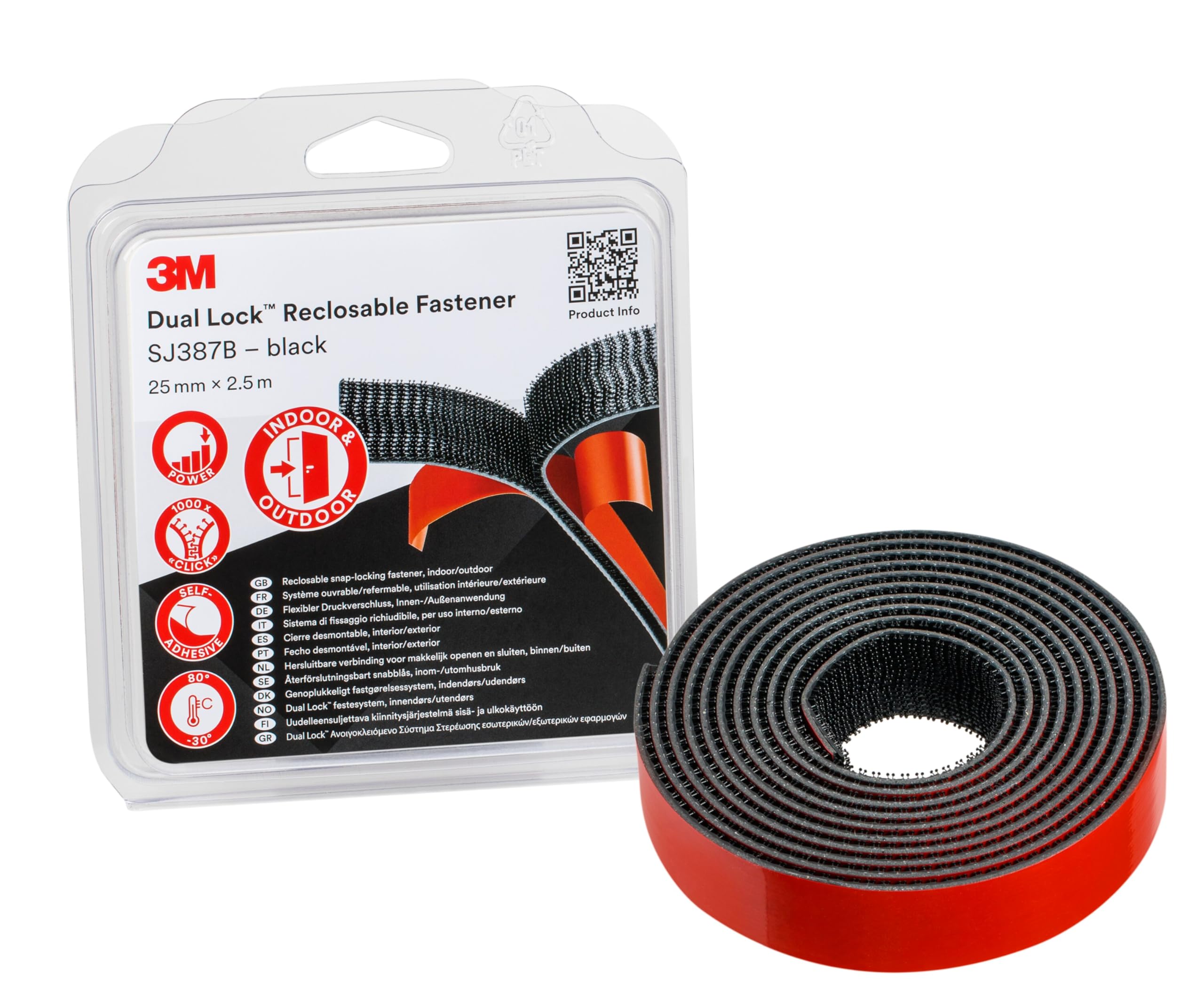 3M Dual Lock Reclosable Fastener SJ387B - Provides adhesion to most powder coated paints, metals, glass, sealed wood, acrylic, polycarbonate and ABS - 25 mm x 2.5 m, black (1 Blister Pack)