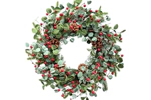 Idyllic Christmas Wreath for Front Door,20" Winter Wreath with Pine Cones Red Berries and Eucalyptus, Winter Decorations for Everyday Farmhouse Window Outdoor/Indoor